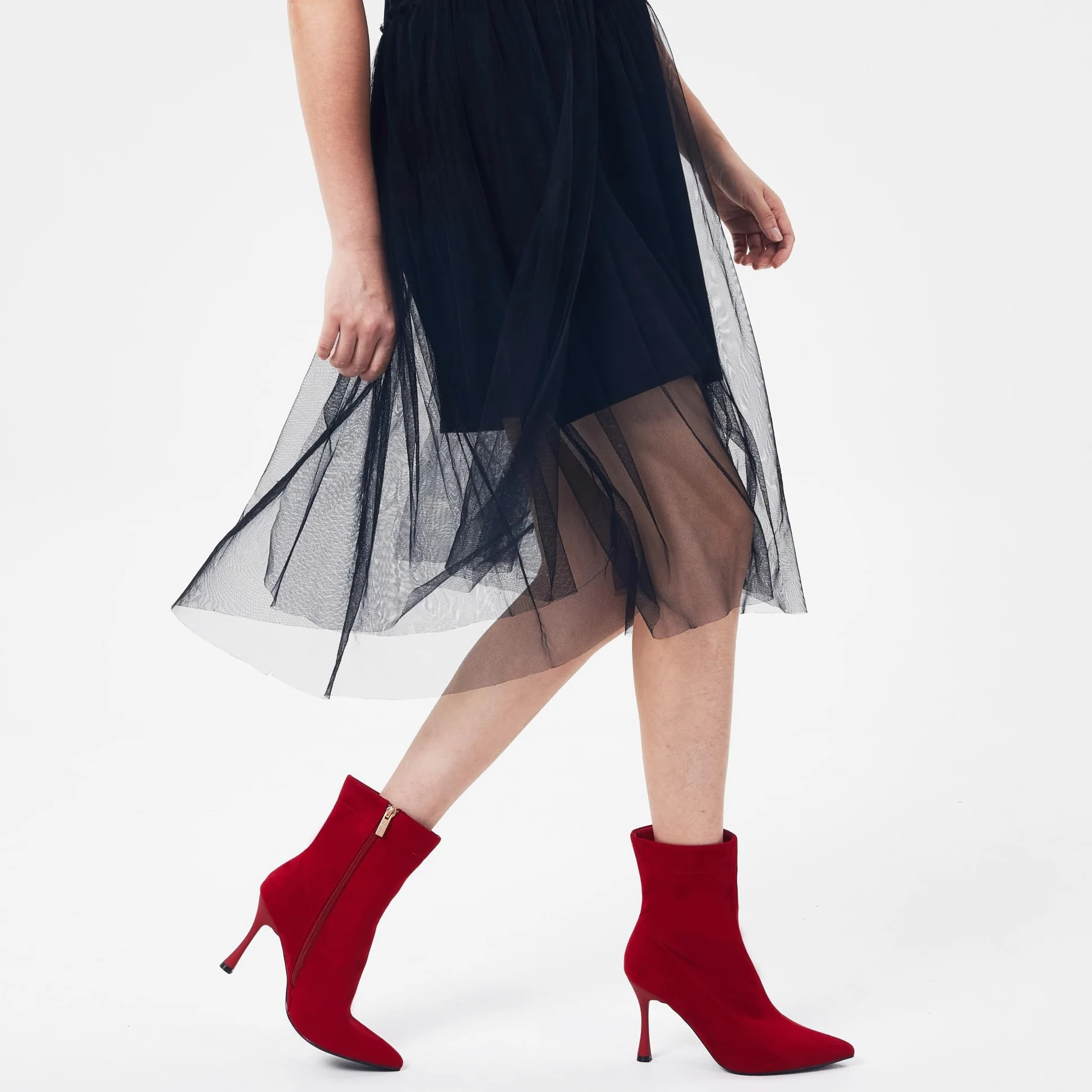 Damskie botki 9 cm szpiczasty nosek - średni obcas szpilki buty robocze dla kobiet modne krótkie buty czarne 8, Czerwony zamsz, 39 EU