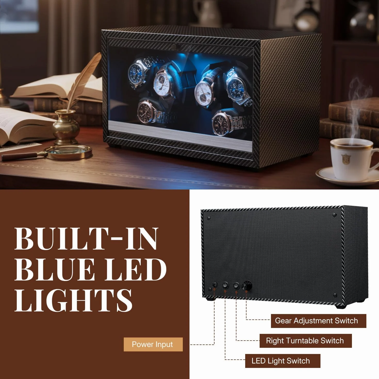 Mcbazel Automatyczny nawijacz do 6 zegarków ze światłem LED, ultra cichy silnik, 4 tryby rotacji, zasilanie USB DC, nadaje się do zegarków do 45 mm - wzór włókna węglowego