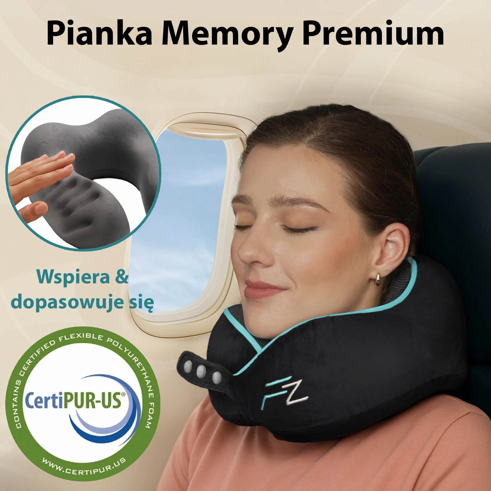 FLOWZOOM Poduszka Podróżna z Pianki Memory 360° Regulowany Zagłówek Czarny
