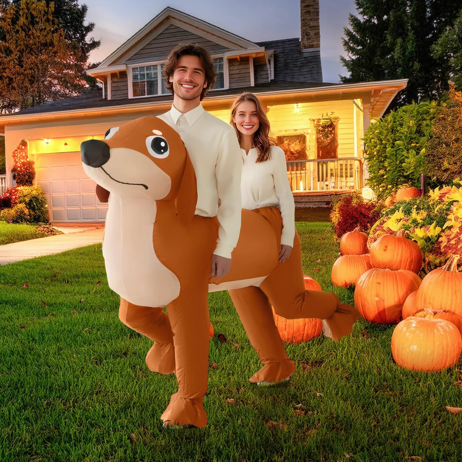 Poptrend Nadmuchiwany kostium jamnika, podwójny kostium dla dorosłych, nadmuchiwany podwójny pies, nadmuchiwany kostium na Halloween, jamnik, kostiumy, dla mężczyzn i kobiet, zabawny fantazyjny