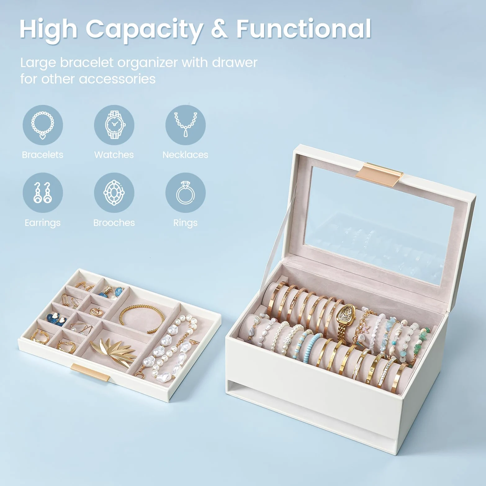Lolalet Organizer na rękę z szufladą, pudełko do przechowywania biżuterii z rolkami, przezroczysta pokrywka, dla kobiet i dziewcząt, biały