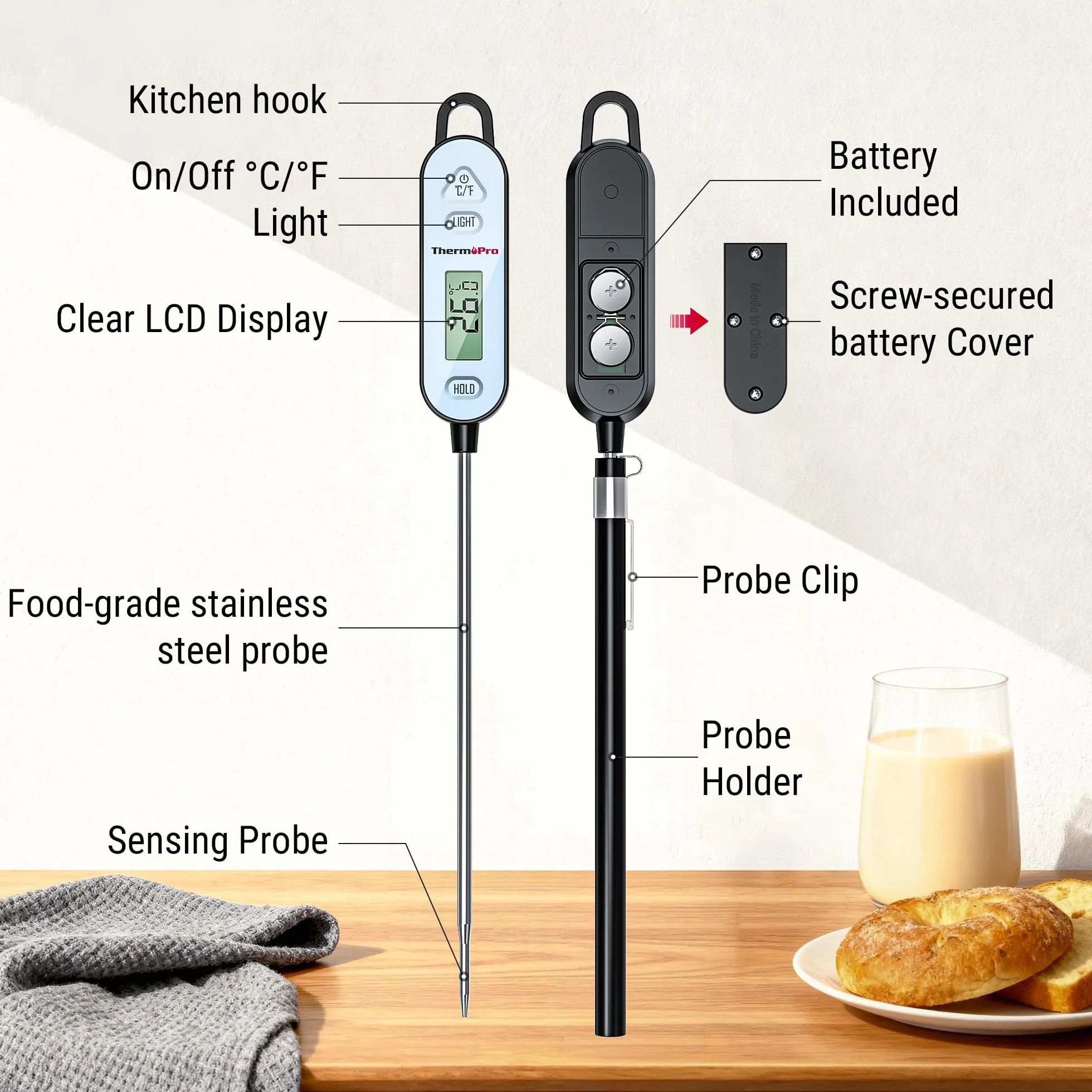 ThermoPro Cyfrowy termometr do mięsa ze składaną sondą, termometr do smażenia, do wędzenia, grilla, kuchni