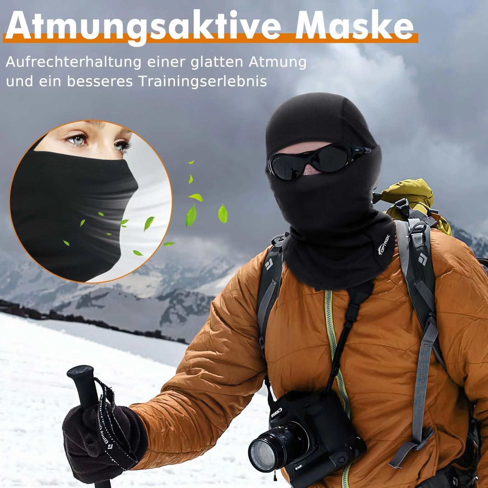Toptrek Balaclava zimowa, zimna i wiatroszczelna maska na twarz, narciarska, na rower, snowboard, motocykl, oddychająca maska na twarz dla mężczyzn i kobiet, czarny, 55-60