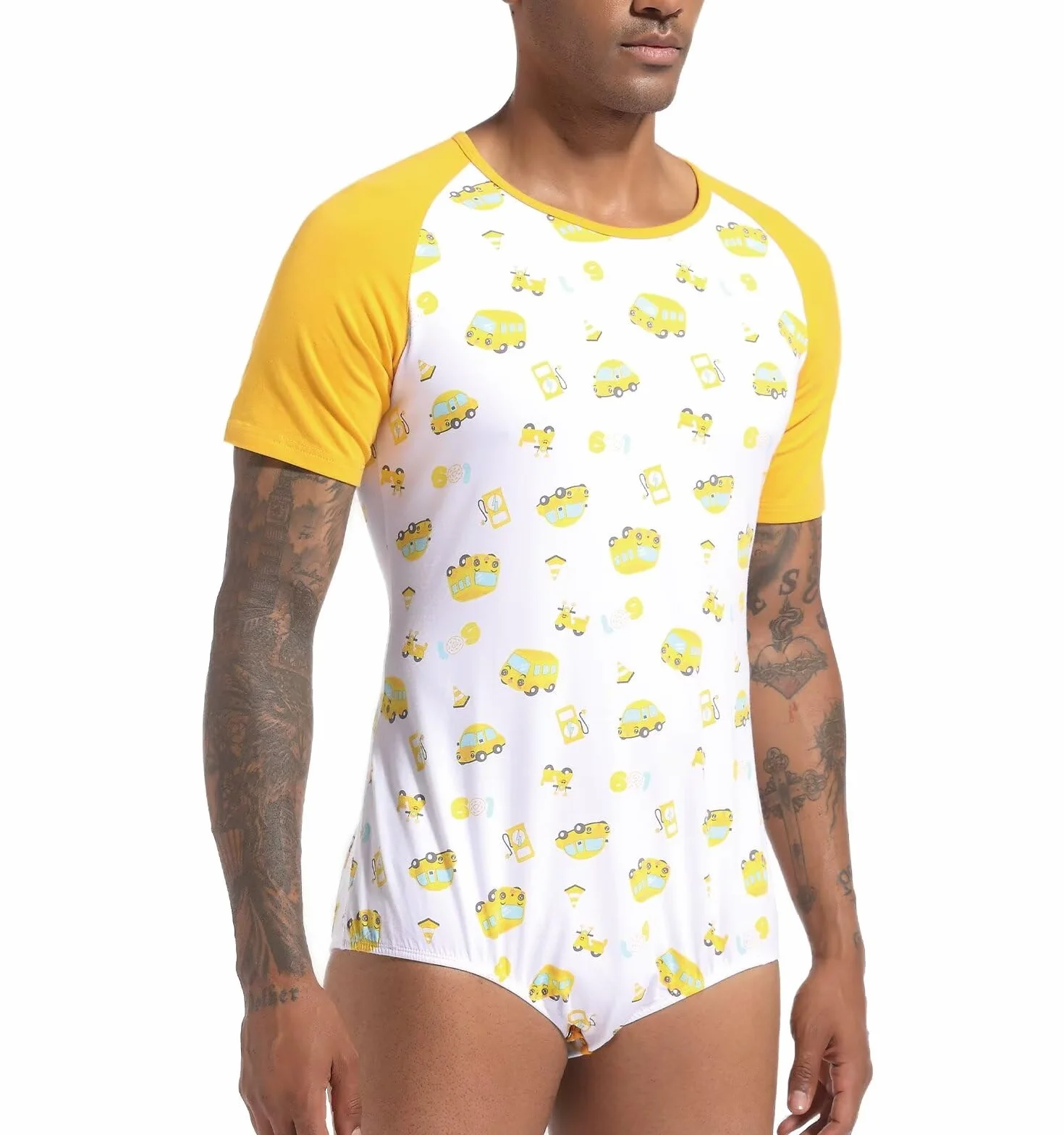 Landofgenie Męskie Bodysuit Piżama Dolne Krocze Top Koszula Raglan Rękawy Onesie Rompers dla Mężczyzn Drukowanie samochodów kreskówek