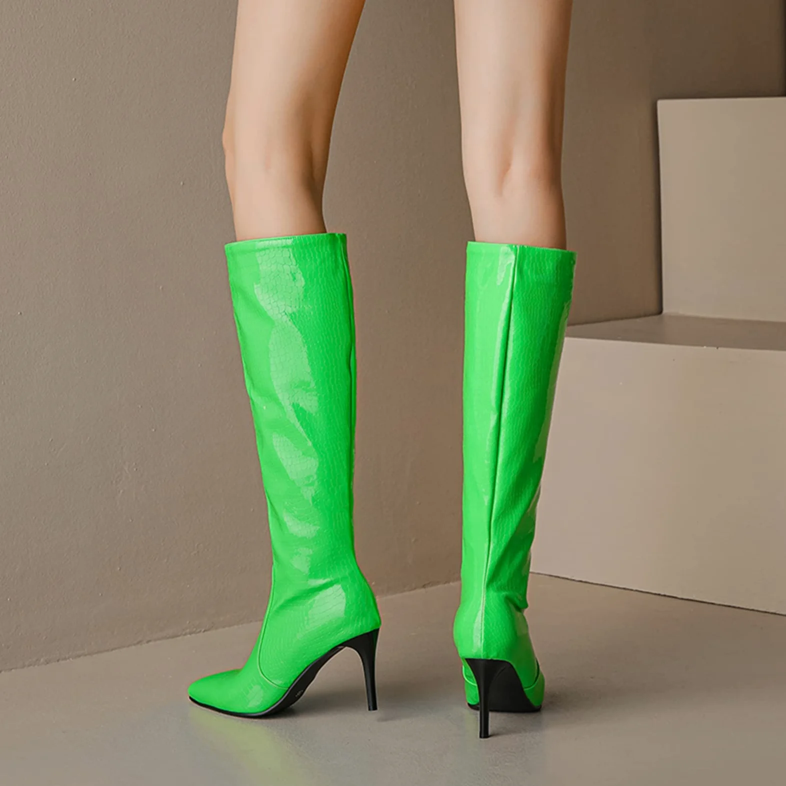 CUTEHEELS Damskie jednokolorowe buty na uda wysokie/nad kolanem ze szpilką i szpiczastym noskiem, zielony 3, 45 EU