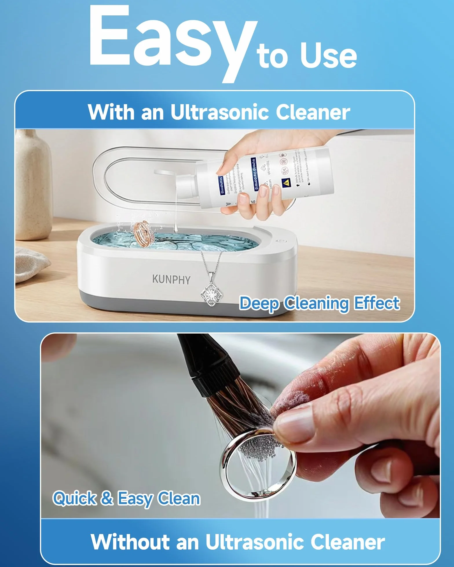 KUNPHY Koncentrat do myjki ultradźwiękowej [120ml] - środek czyszczący do urządzeń ultradźwiękowych - środek do czyszczenia biżuterii we wszystkich urządzeniach do czyszczenia ultradźwiękami