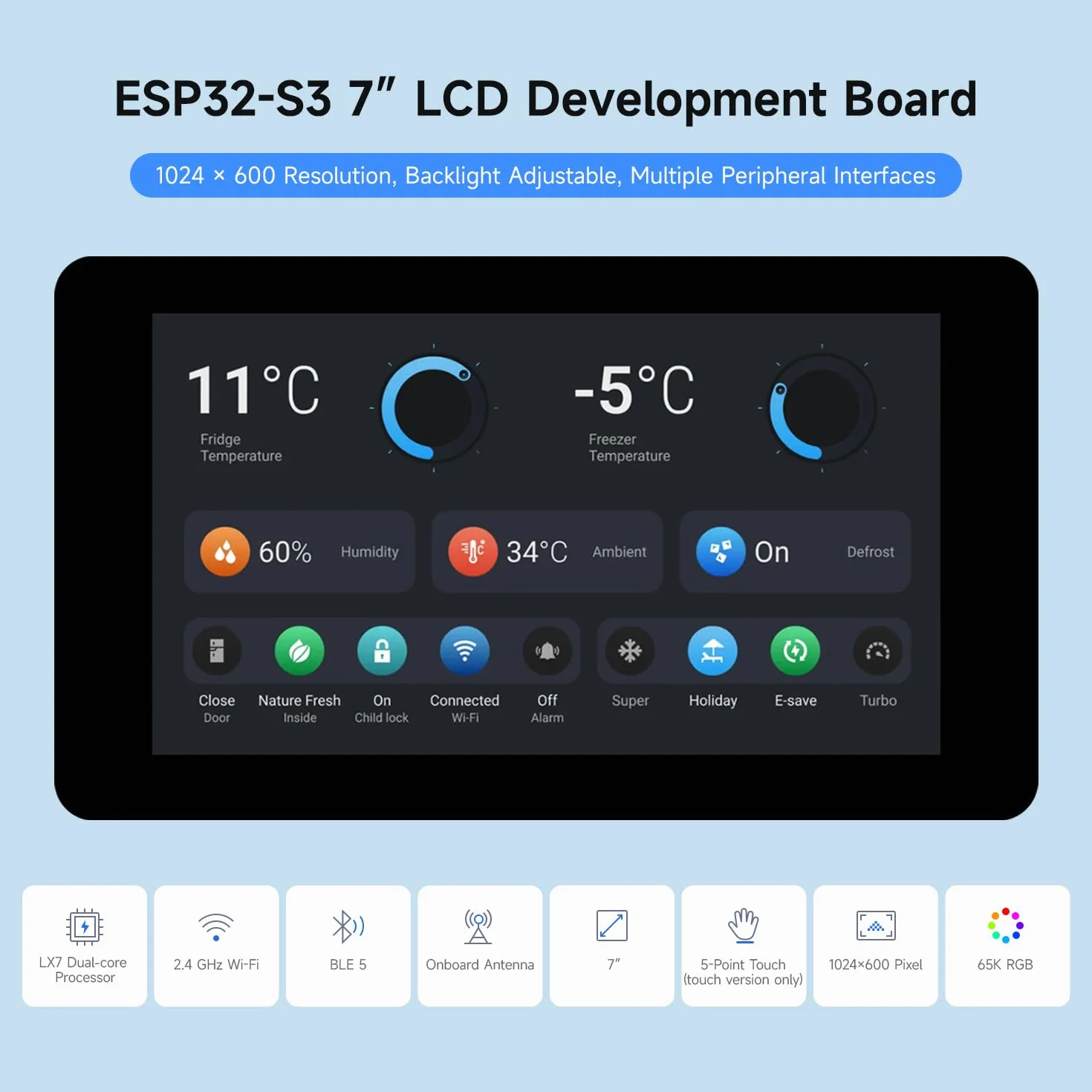 Waveshare ESP32-S3 Display 7inch LCD Development Board, 1024x600 Resolution, 32-bit LX7 Dual-Core Processor 240MHz, Wi-Fi & BT Support, Onboard Antenna, with Touch