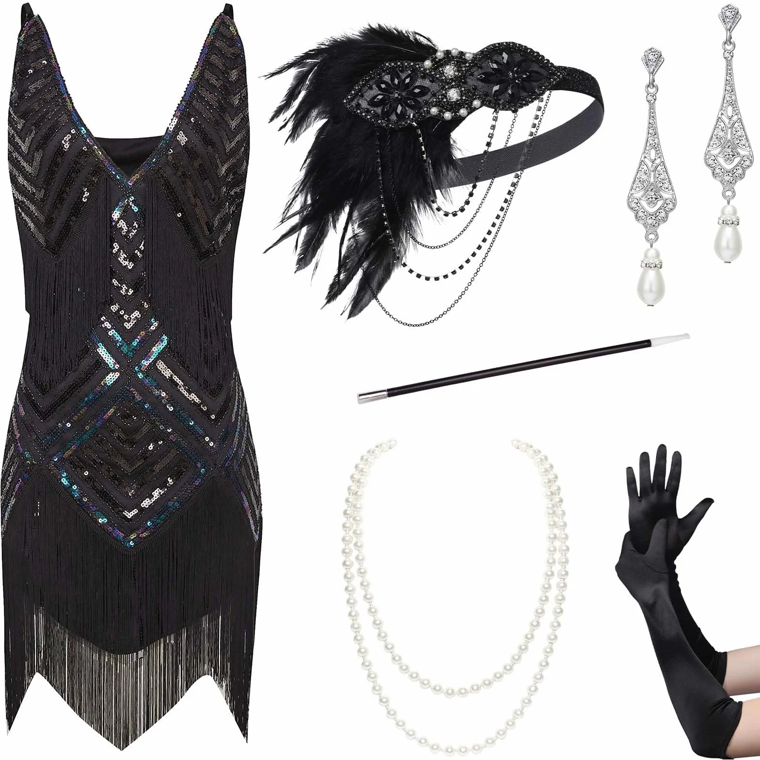 BABEYOND Sukienka damska w stylu lat 20. XX wieku, seksowna sukienka z dekoltem w kształcie litery V, Flapper Charleston, styl retro z lat 20. XX wieku, na imprezę tematyczną, na karnawał
