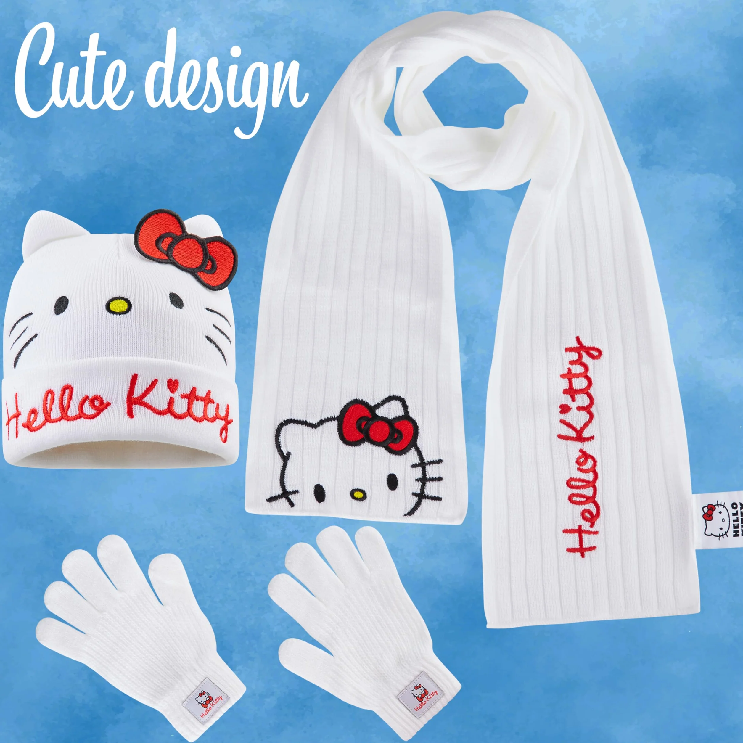 Hello Kitty Zimowy zestaw akcesoriów dla dziewcząt, nastolatków, przytulny 3-częściowy zestaw szalików i rękawiczek – prezenty dla dziewcząt, biały/różowy, Rozmiar uniwersalny