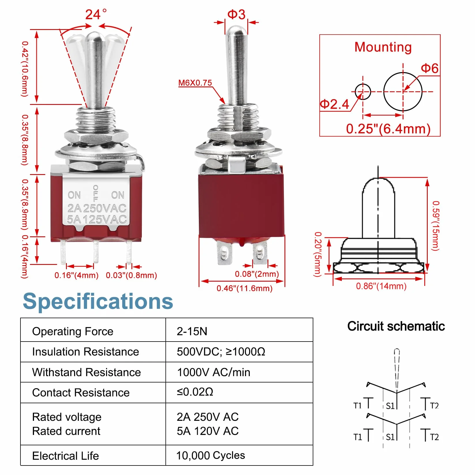 Heschen 5 mini chwilowych przełączników kołyskowych MTS-223 ON-OFF-ON DPDT, 6-pinowy, 2 A 250 V, 6 A 125 V