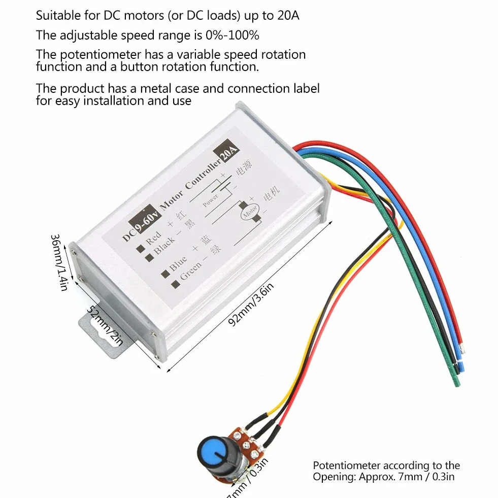 ViaGasaFamido 1200 W DC9-60V 0-20A Sterownik Prędkości Silnika, Przełącznik Sterowania PWM Przepływ Regulacji Linearna prędkość Potencjometru z Metalowym Obudowy dla Silnika Prądu Stałego