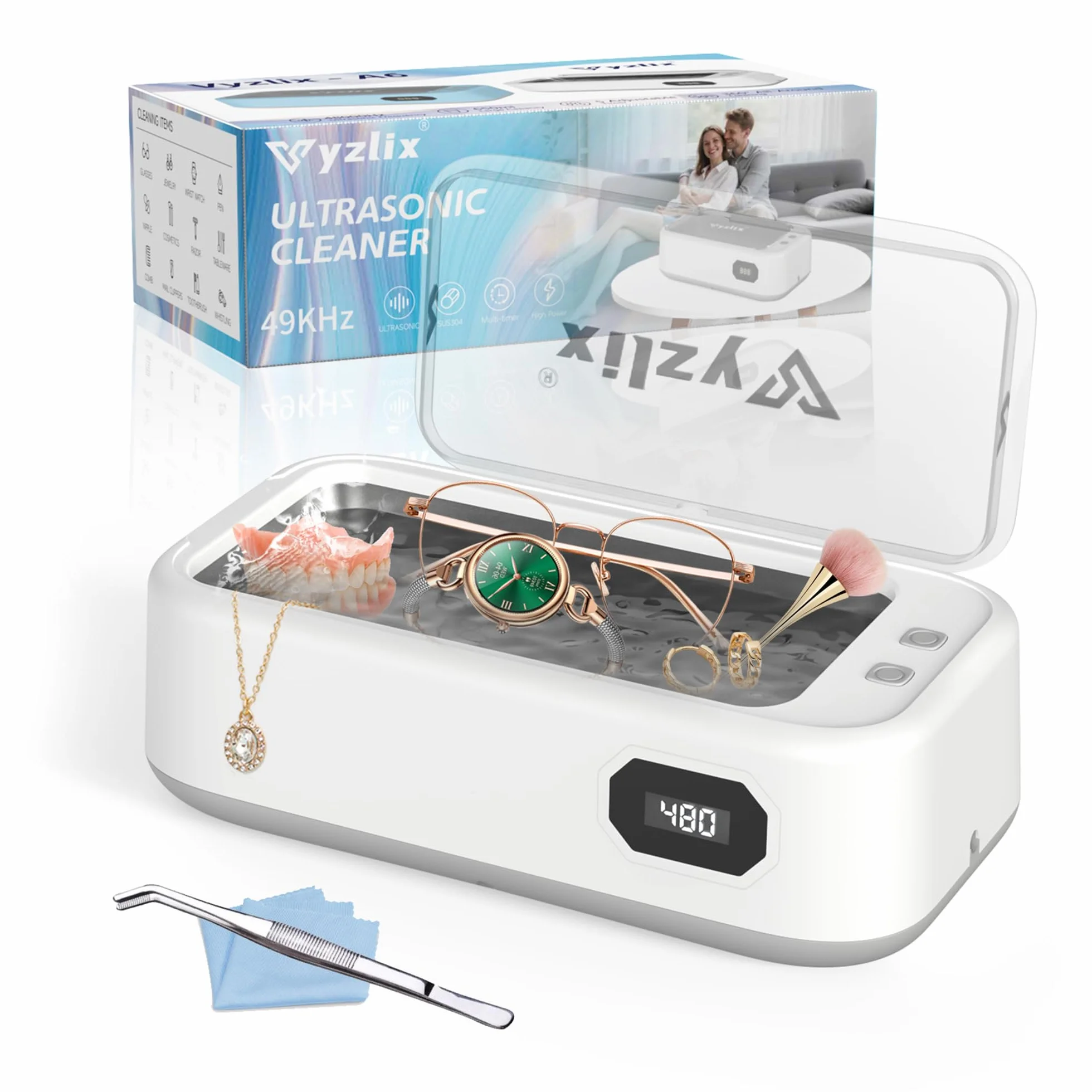 Myjka Ultradźwiękowa, Ultrasonic Cleaner 49KHz, Myjka Ultradźwiękowa 640ml, 5 Trybów Myjki Ultradźwiękowej Wyświetlaczem, do Okularów, Protez Zębowych, Zegarków, Pierścionków, Biżuterii, Monet