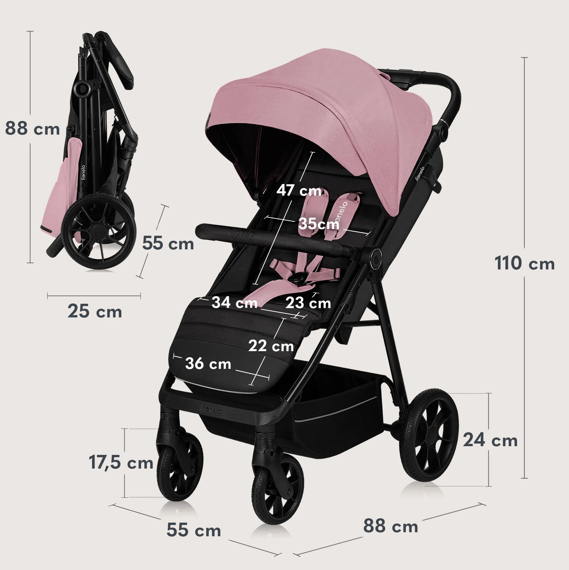 LIONELO MIRA Wózek dziecięcy do 22 kg, od 6 m do 4 lat, kółka obrotowe o 360°, całkowita amortyzacja, regulowany oparcie i podnóżek, XXL, UPF50, duży kosz do 3 kg (różowy)