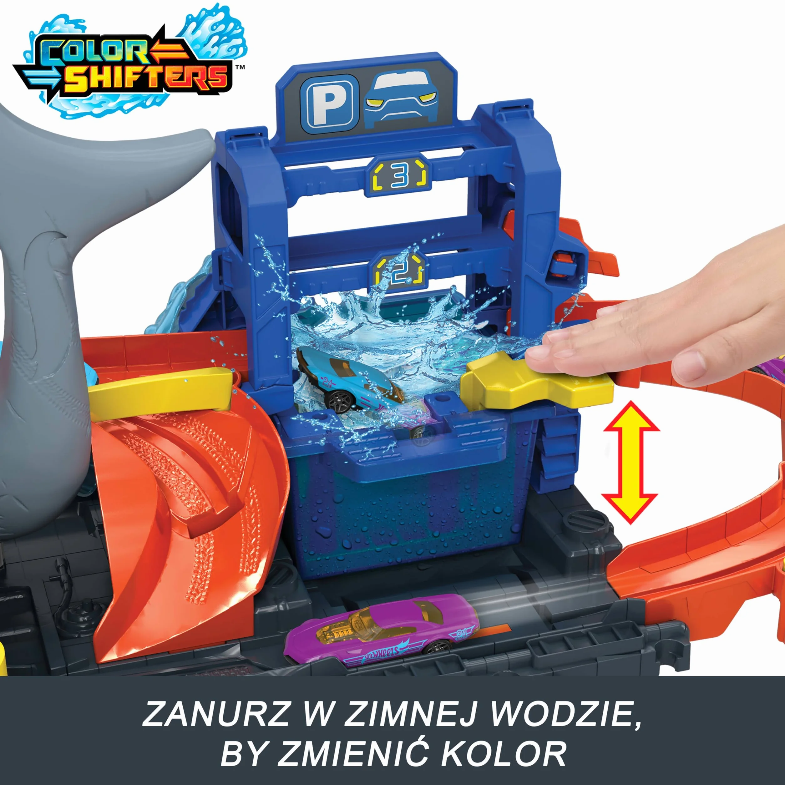 Hot Wheels City Ultra „Let's Race – Na start!” Netflix - Myjnia Rekina Zestaw do zabawy z pojazdem Color Reveal w skali 1:64 i z funkcją zmiany koloru + miejsce do przechowywania, HTN82