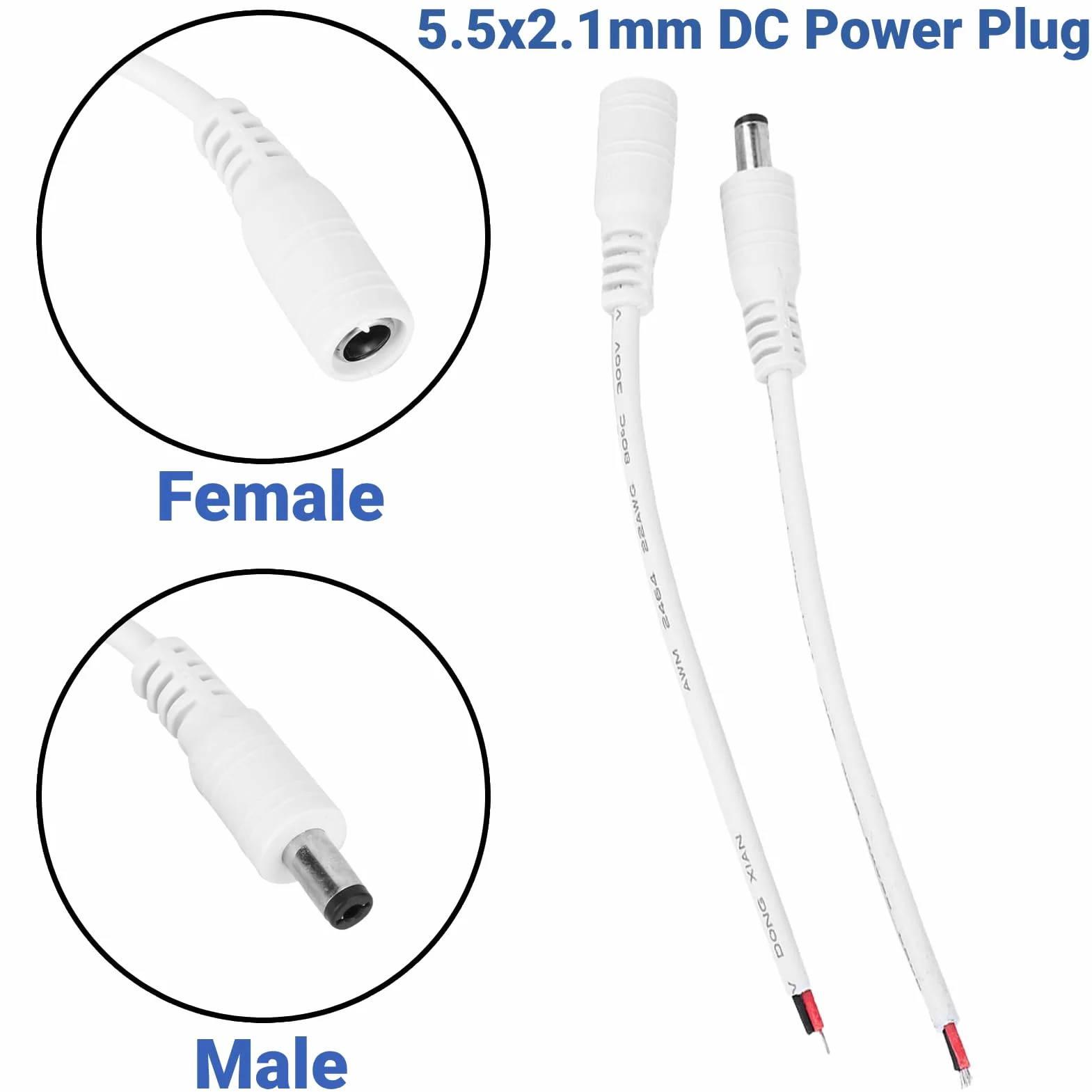 Złącze Zasilania DC 5,5x2,1mm, Męsko-Żeńskie, Zestaw 5 Par, Biały, z Przewodem (Biały)
