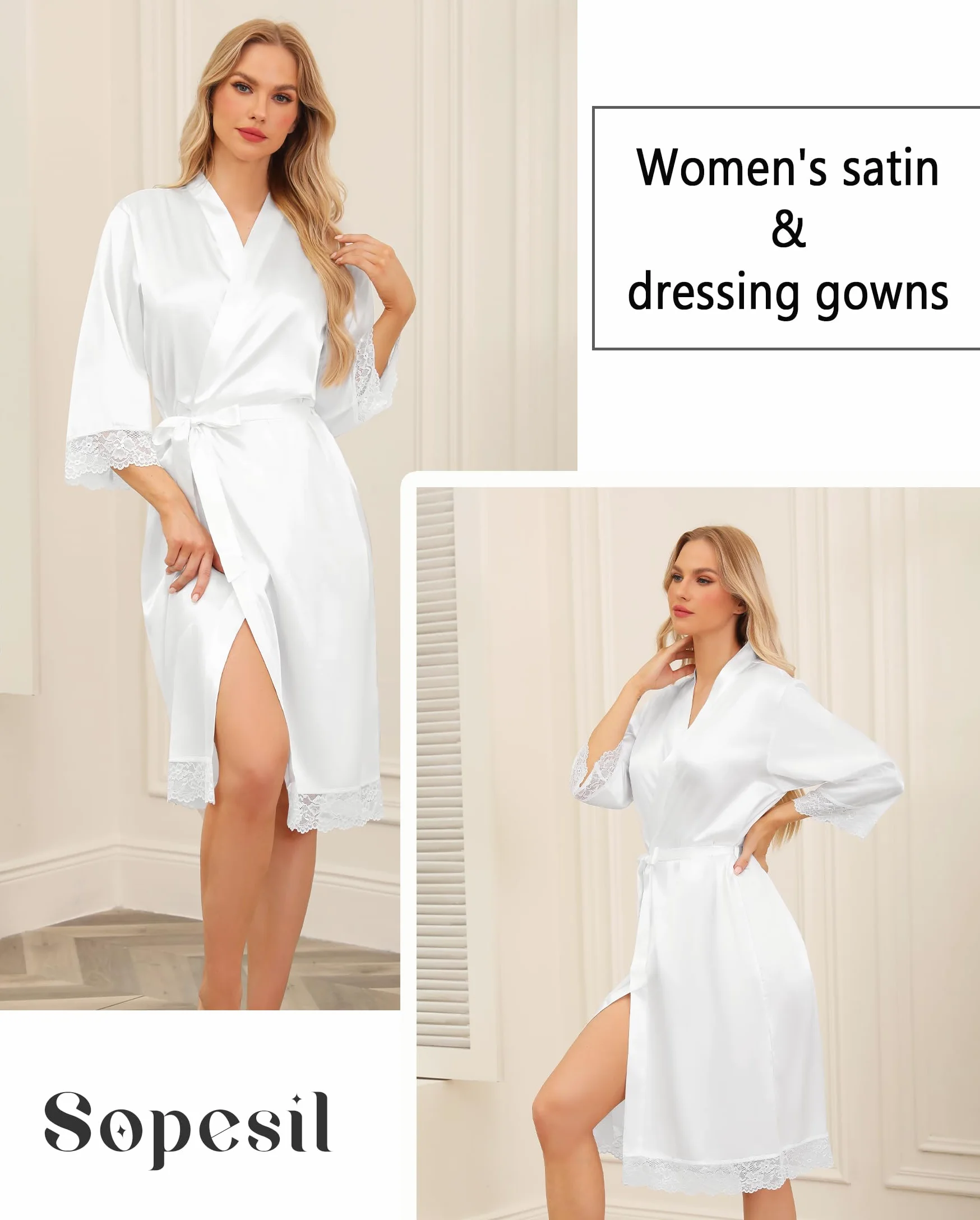Sopesil Damski satynowy szlafrok kąpielowy, uniseks, szlafrok poranny z jedwabiu, lekki kimono Bride z dekoltem w serek, szlafrok poranny do