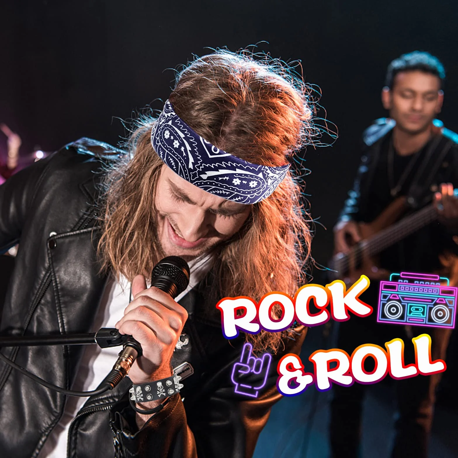 10 sztuk akcesoriów do kostiumu rockowego, 70/80/90., punk, gotycki, rockowy, z bandaną, tatuażem, rękawami, rękawiczkami, bransoletką, okularami, wąsami, obrożą, pierścionkami dla mężczyzn i