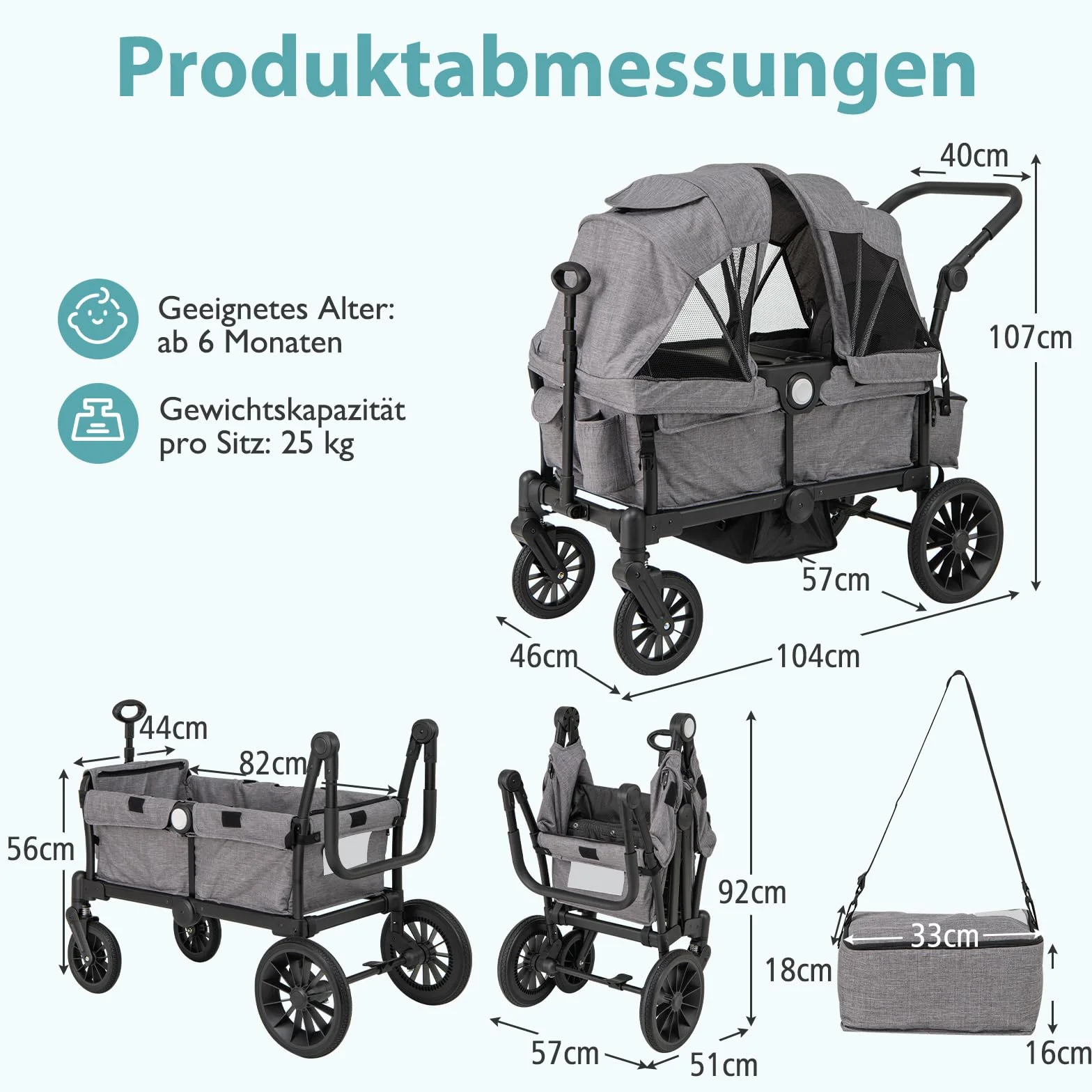 COSTWAY Wózek dla rodzeństwa 2 w 1, wózek dziecięcy z regulowanym uchwytem i zdejmowaną pokrywą, podwójny wózek z uchwytem na napoje, taca, wózek na kółkach dla 2 dzieci od 6 miesięcy (szary)