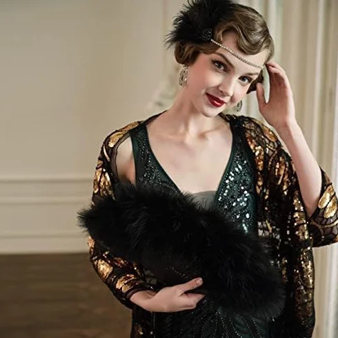 BABEYOND Damski wachlarz ręczny w stylu vintage w stylu lat 20. XX wieku, marabou, pióra, kostium Gatsby, akcesoria, czarny uchwyt