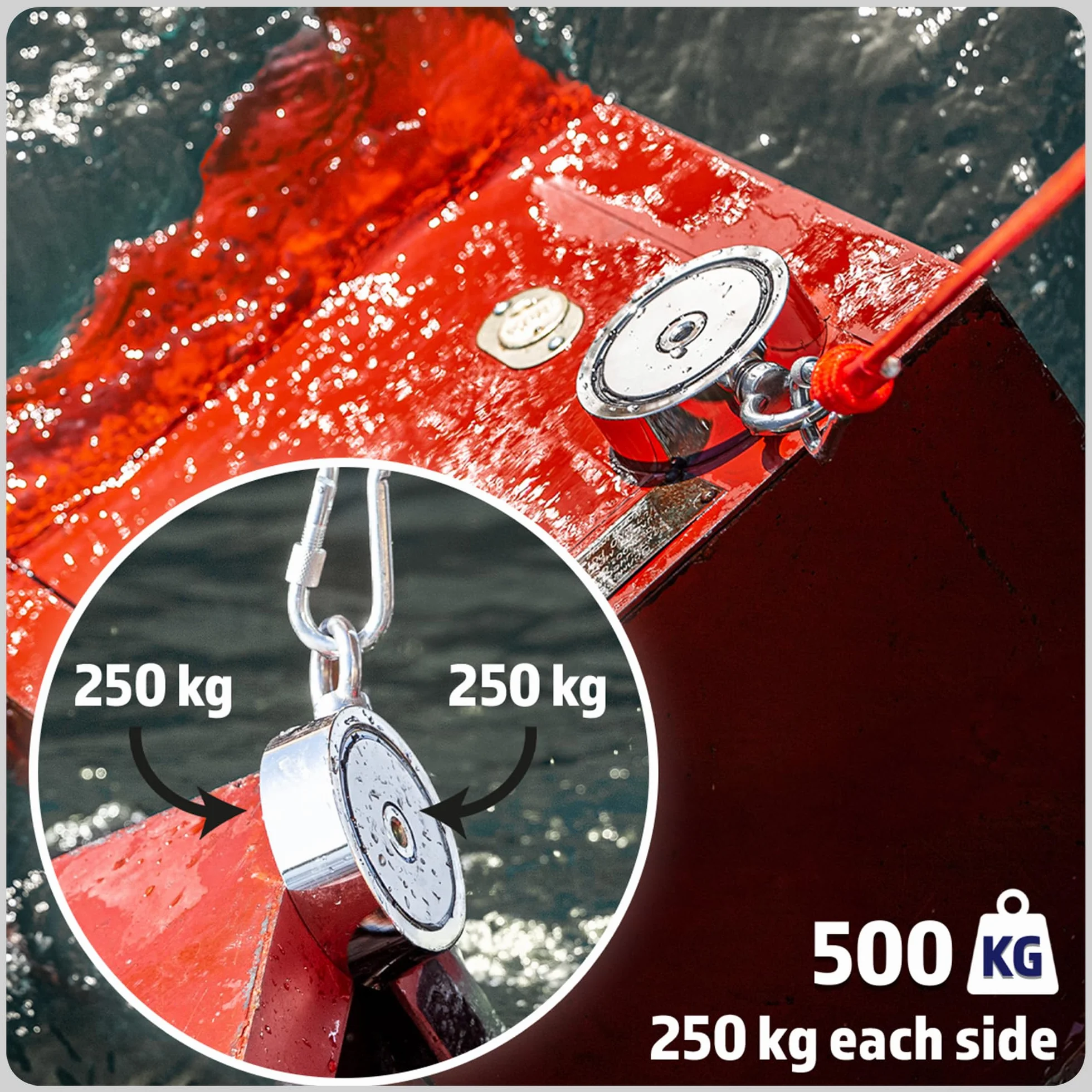 MAGFISHION Dwustronny Zestaw do Magnetycznego Wędkarstwa - Siła Przyciągania 500KG (2x 250kg) - Ø75mm - Magnes Neodymowy - Z Ciemnopomarańczową Liną (20M) & Rękawice - Magnes Ryba