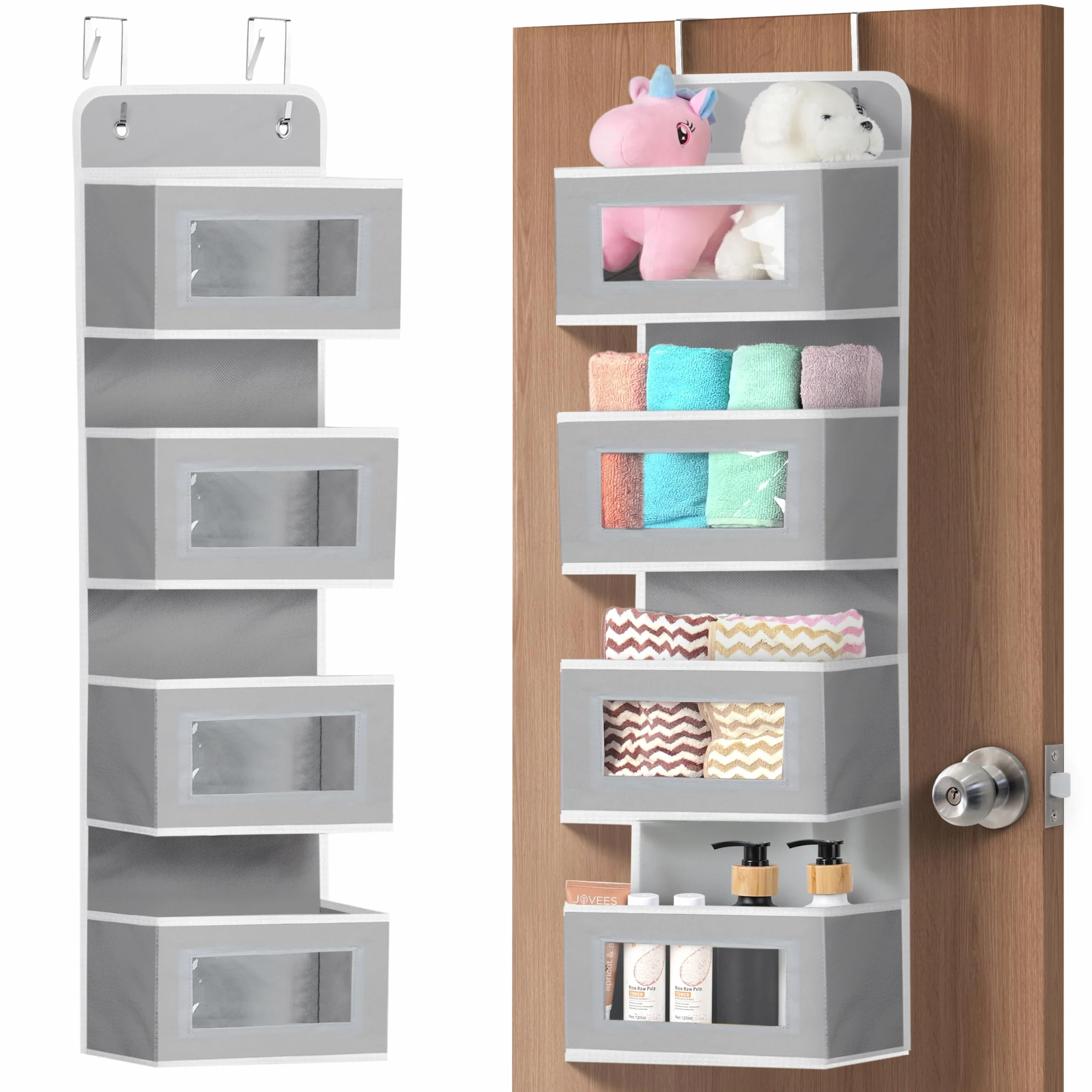 Winter Shore Szary organizer na drzwi z 4 koszami- wiszący organizer do sypialni, łazienki, pokoju dziecięcego - kieszenie z przezroczystymi okienkami na produkty, akcesoria, zabawki - 32 x 11 x 99 cm