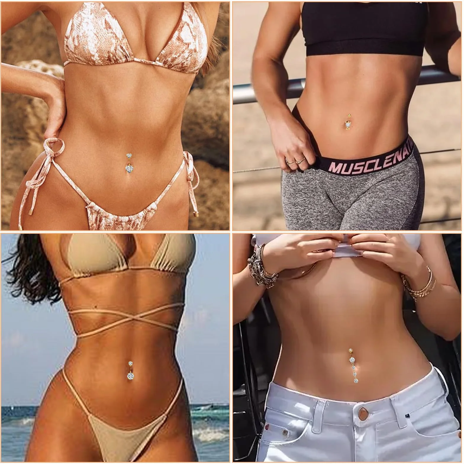 6 kolczyków do pępka, kolczyk do pępka złoty, biżuteria do pępka na lato, piercing brzucha ze strasem, kolczyk do pępka łatwy do wymiany, modne sztangi do pępka