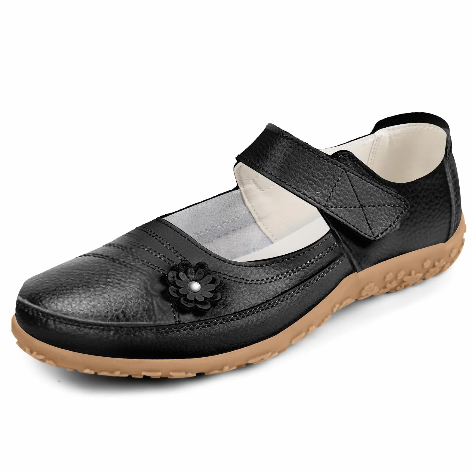 OFFCUP Damskie skórzane buty Mary Jane, damskie płaskie buty o szerokim kroju, kwiecista podeszwa z rzepem do chodzenia na co dzień sandały buty, buty pielęgniarskie do pracy biura, rozmiar 36/6,5/7