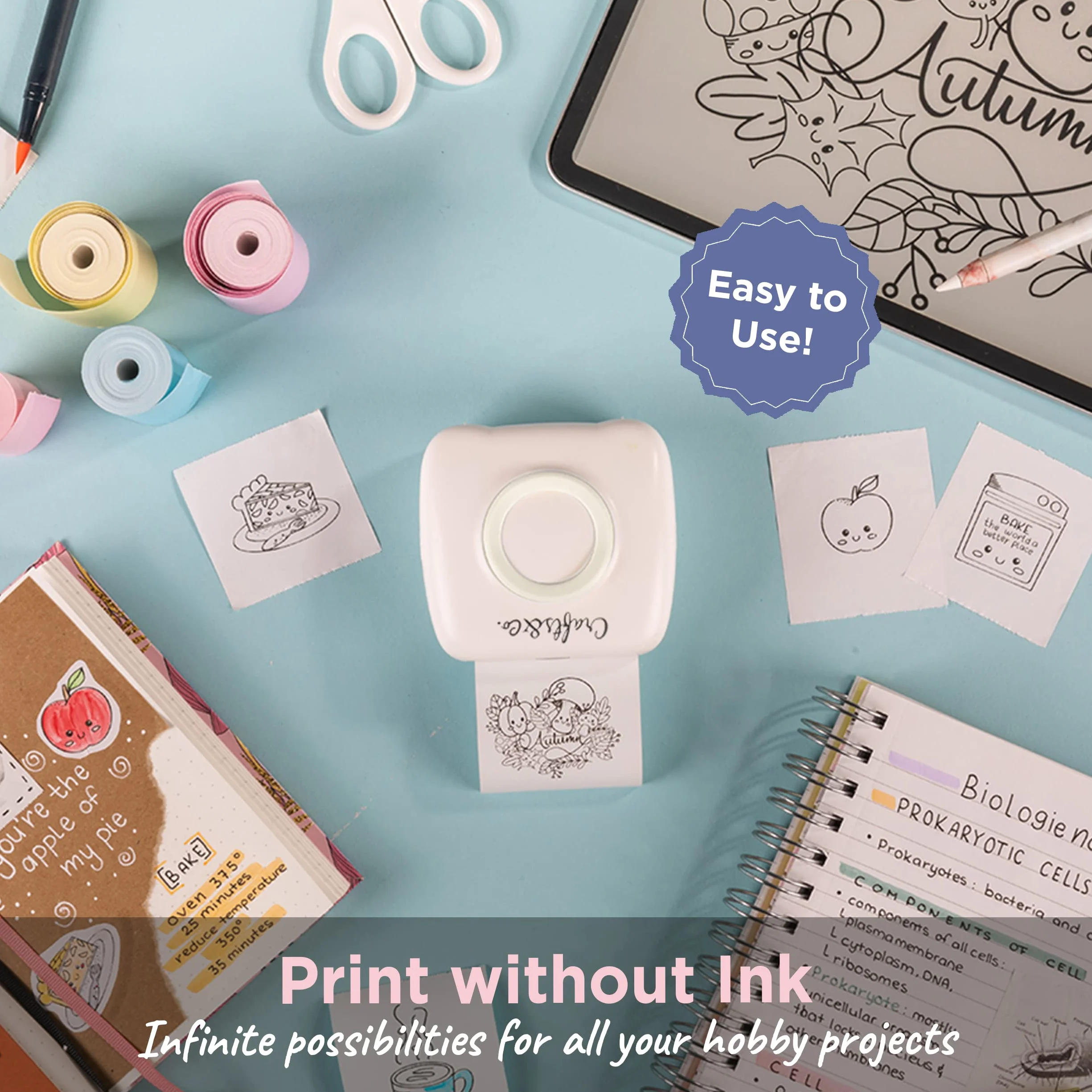 Crafts&Co Przenośna mini drukarka termiczna do smartfonów | Natychmiastowa mini drukarka Bluetooth, drukowanie naklejek, zdjęć, etykiet, zawiera 3 rolki papieru + aplikacja