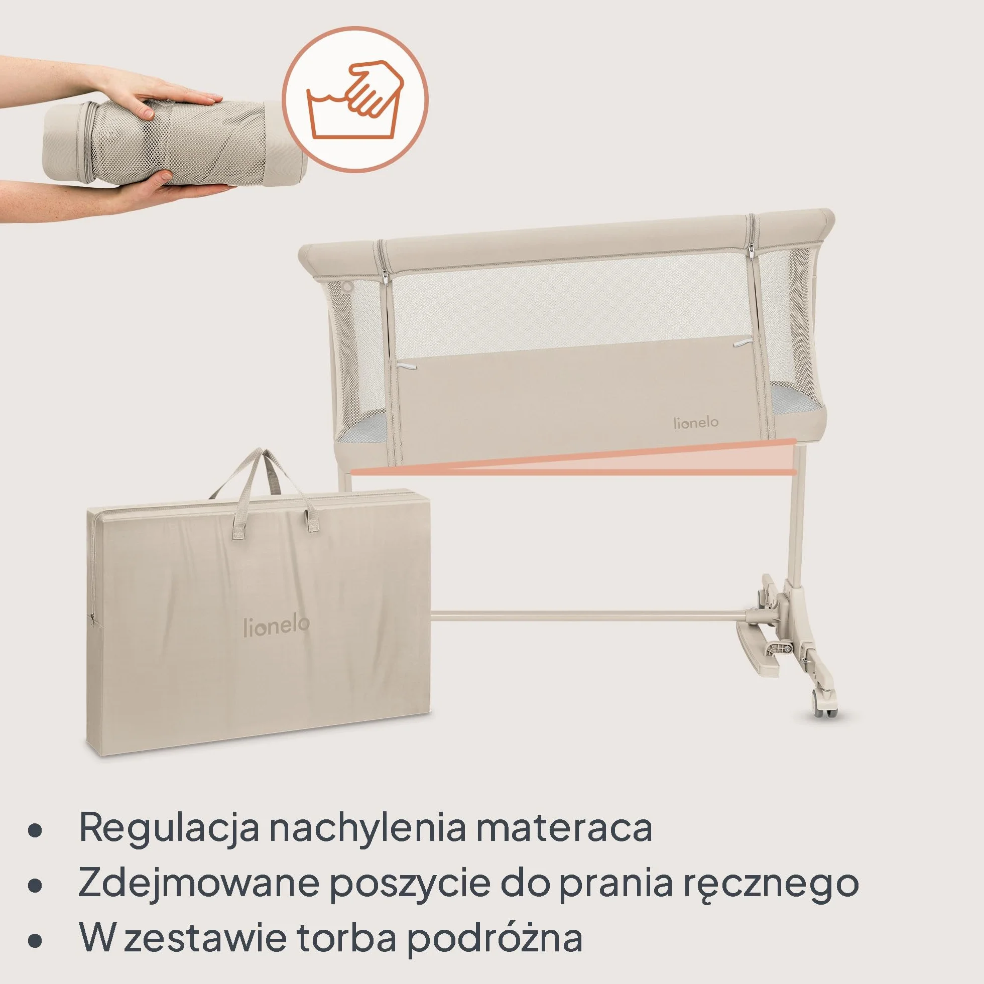 lionelo PARI łóżeczko nocne, łóżeczko dziecięce, 3 w 1, regulowane łóżeczko nocne, 6 poziomów, kołysanie, pochylany materac, siatka, zamykane kółka, torba podróżna