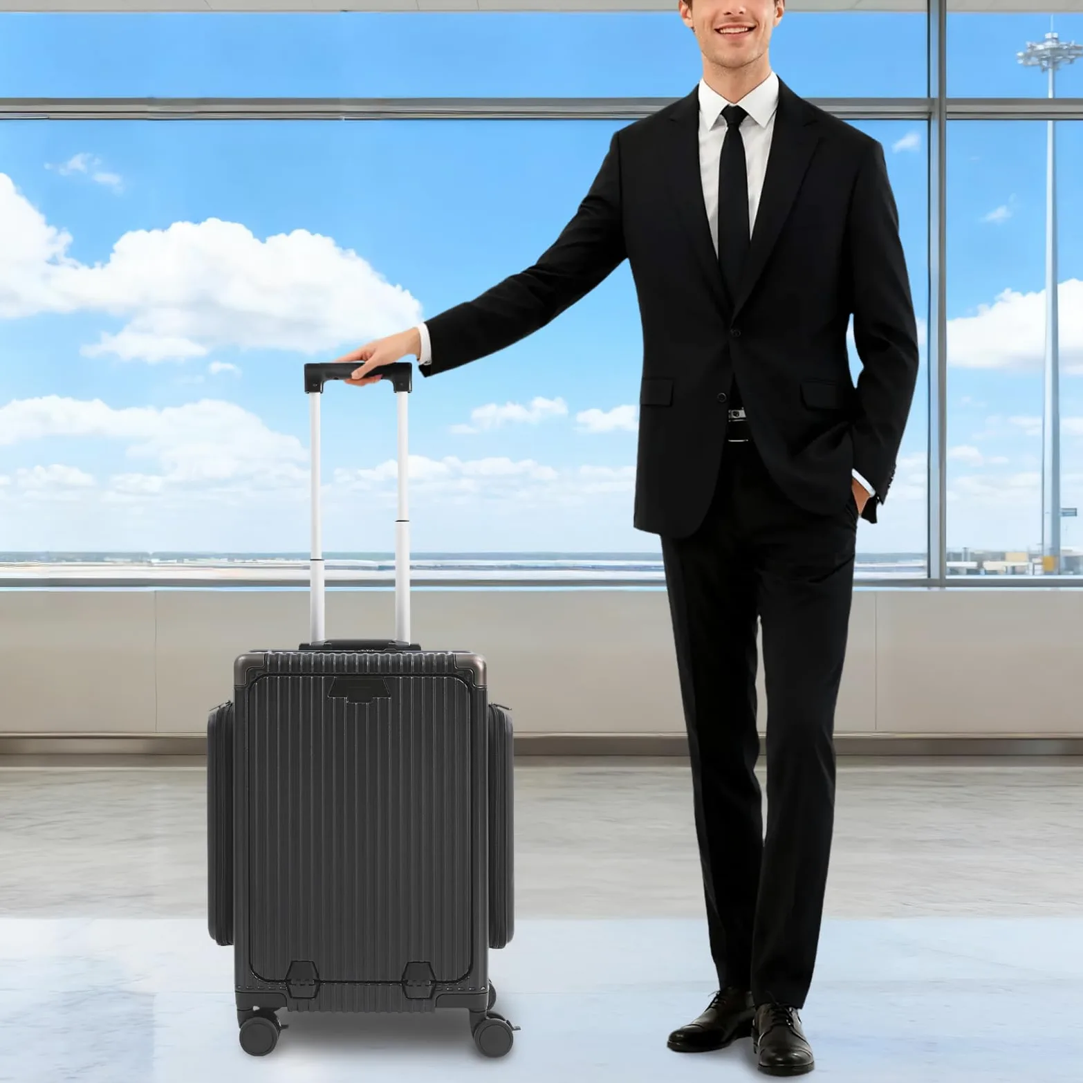 Wielofunkcyjna walizka podróżna na kółkach, trzy otwory, z uchwytem na napoje, zamkiem szyfrowym, portami USB i typu C, nośność ok. 75 kg, czarny, 20 Zoll, Nowoczesny