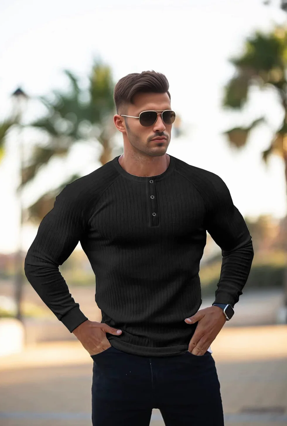 Lehmanlin Koszulka termiczna z długim rękawem bawełna prążkowana slim fit
