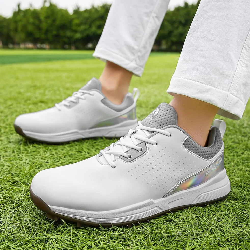 Męskie buty do golfa Spikless Leather Wide Fitting Golf Sneakers Outdoor Large Size Wodoodporne obuwie do chodzenia,White,41 EU