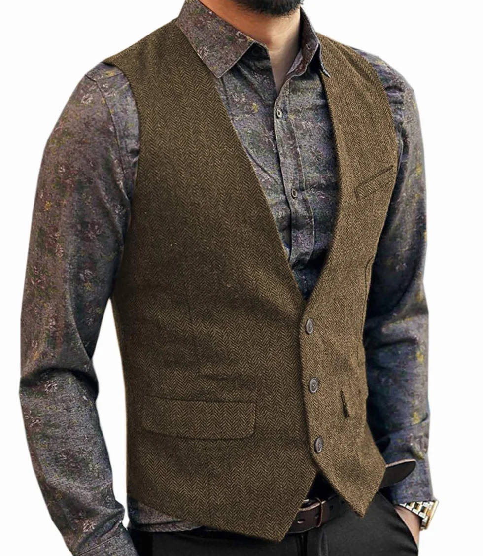 Męska kamizelka garniturowa slim fit wełna w jodełkę tweed casual dekolt w serek formalna kamizelka na ślub dla drużbów