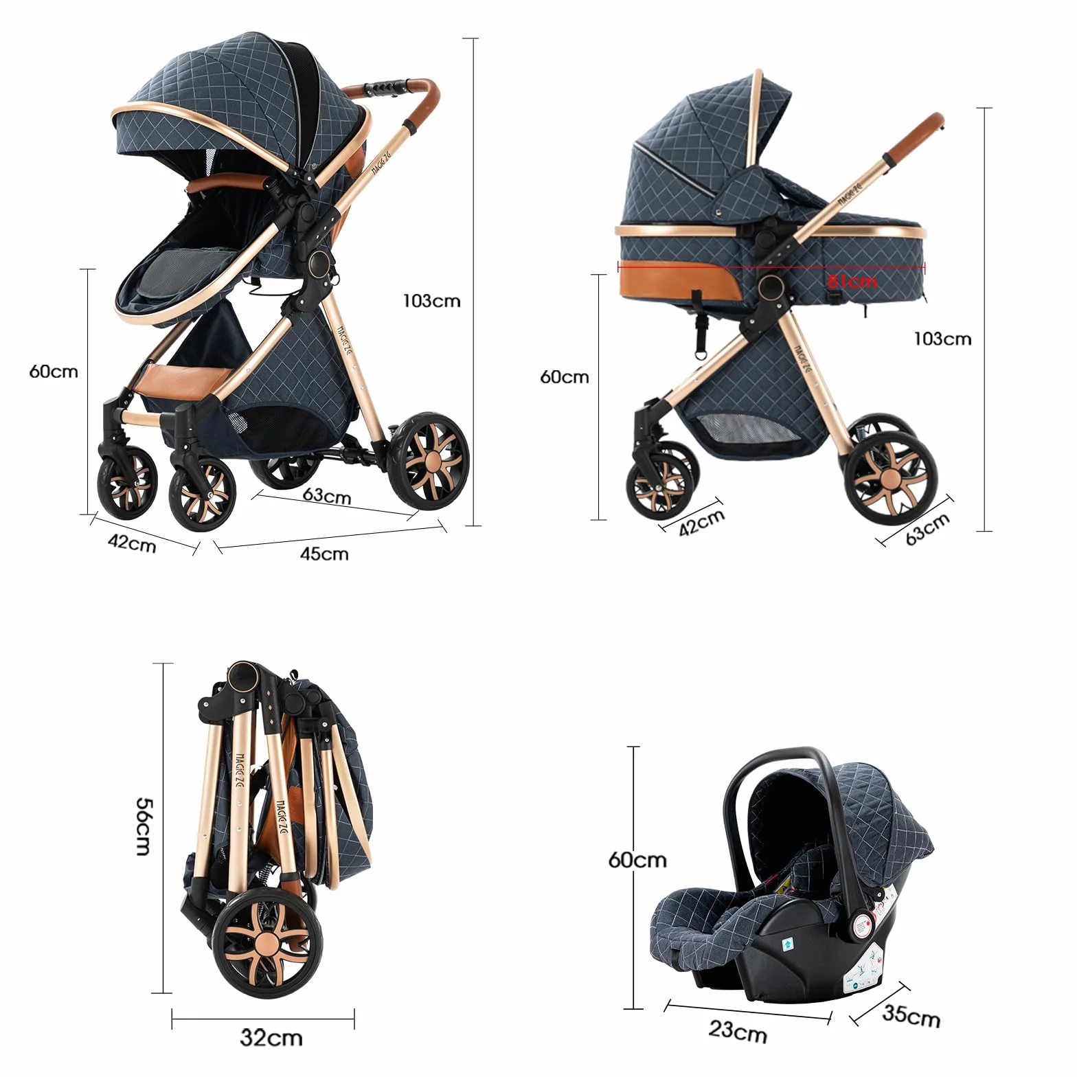 MoLi Trio, wózek dziecięcy 3 w 1, podwójny tryb push, duża gondola dla niemowląt, składany aluminiowy wózek (225 Black Gold)