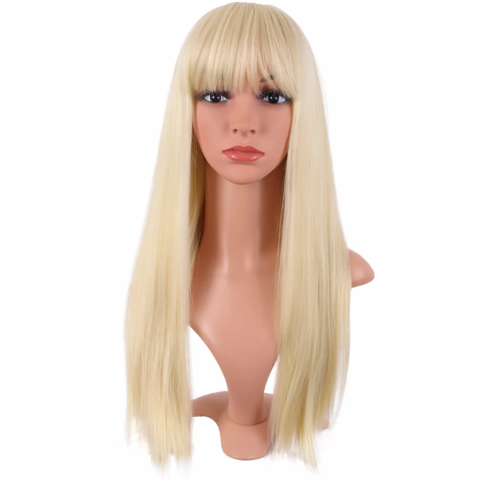 Peruka syntetyczna 56 cm prosta z frędzlami ciepło odporna MapofBeauty mieszany blond