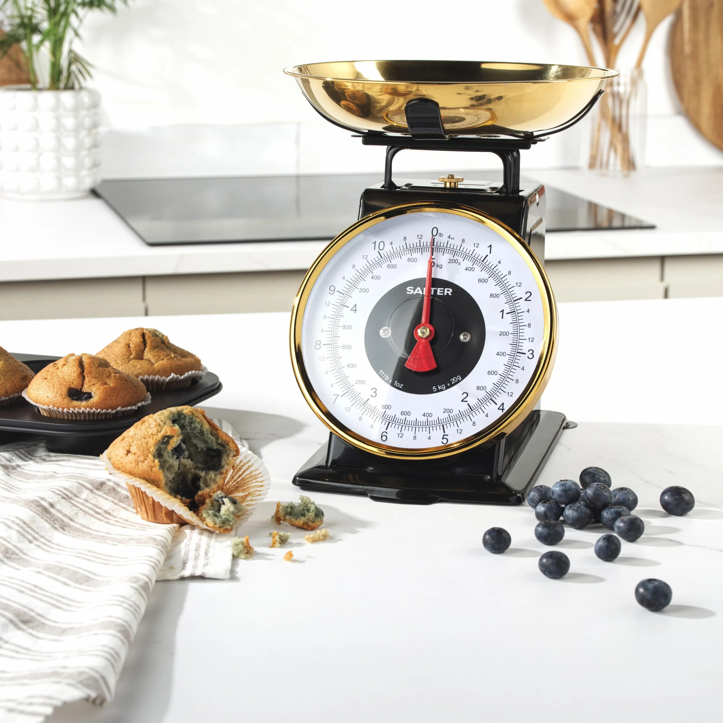 Salter Ponadczasowa waga kuchenna – mechaniczna waga do pieczenia, 5 kg, miska ze stali nierdzewnej 1 l, przyrost 20 g/1 funt, łatwe odczytanie dużych cyfr tarczy, wysokość 25 cm. Nie wymaga baterii
