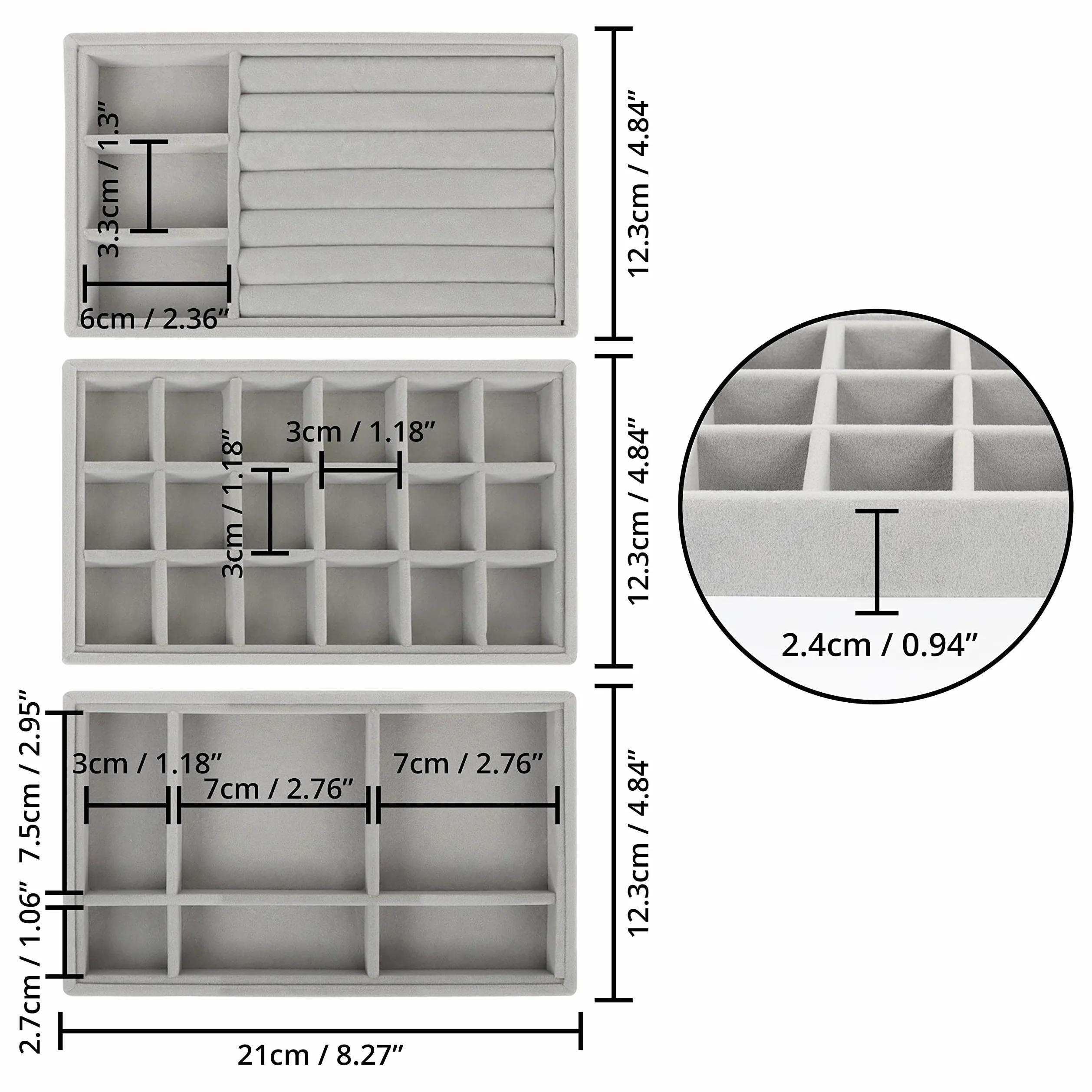Belle Vous Szary aksamitny skórzany organizer na biżuterię, tacki do przechowywania (9 sztuk) - 12,3 x 21 cm - pudełka ekspozycyjne do szuflad komody na naszyjniki, pierścionki, bransoletki i kolczyki
