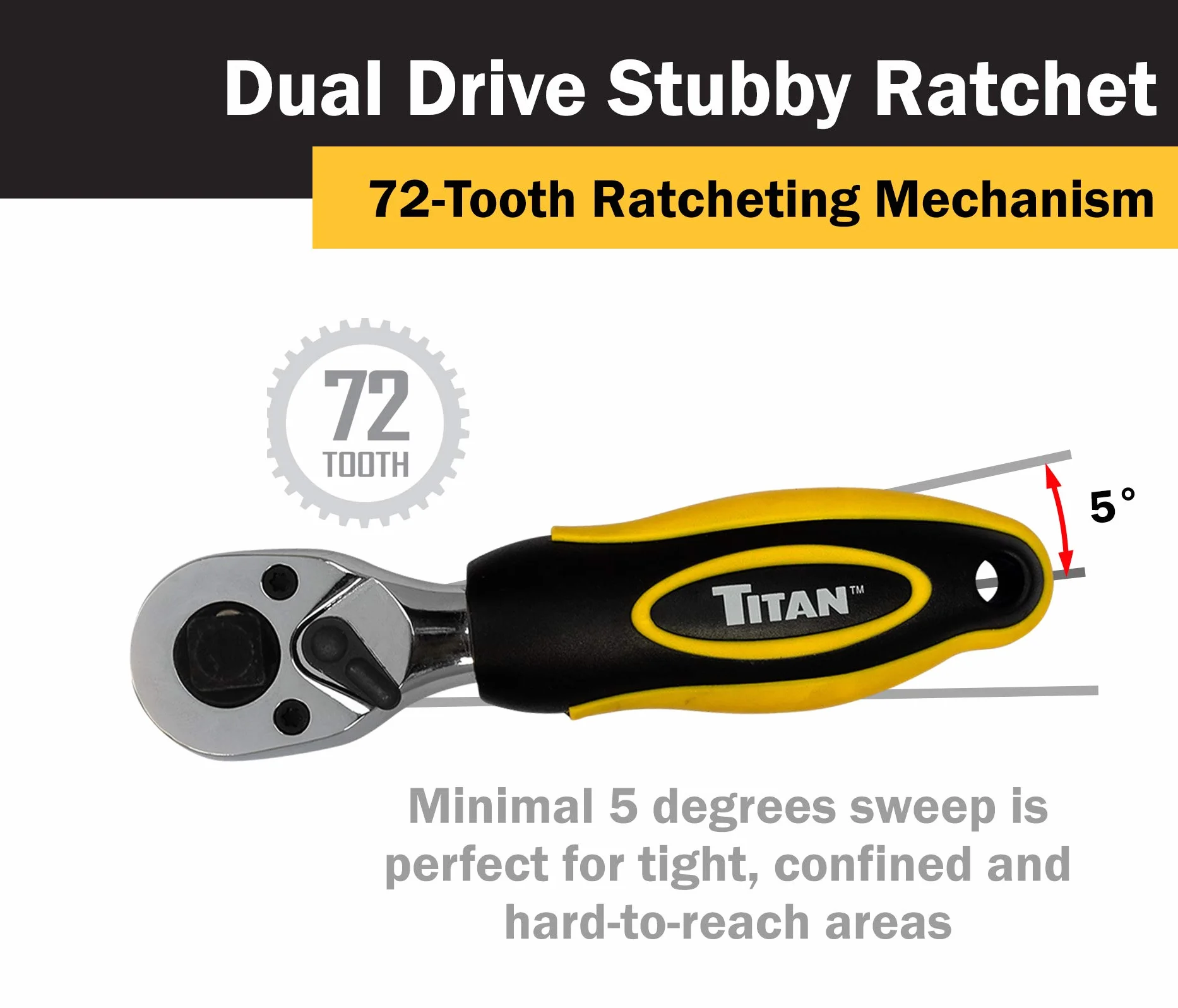 Titan 12051 Grzechotka dwugłowicowa, napęd 3/8″ i 1/2″, 14 cm, 72 zęby, podwójna głowica Stubby