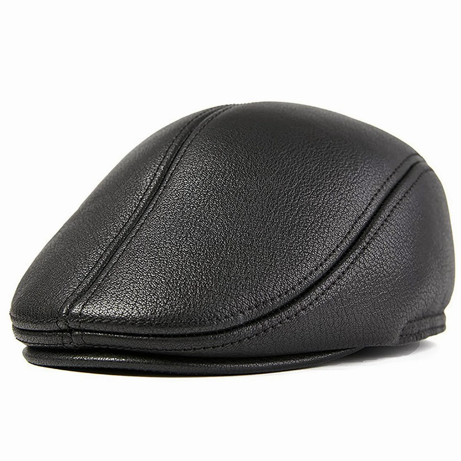 Czapki zimowe, męska skórzana czapka beret vintage czapka golfowa czapka płaska czapka gazeciarza jesień zima(Black-55-56cm)