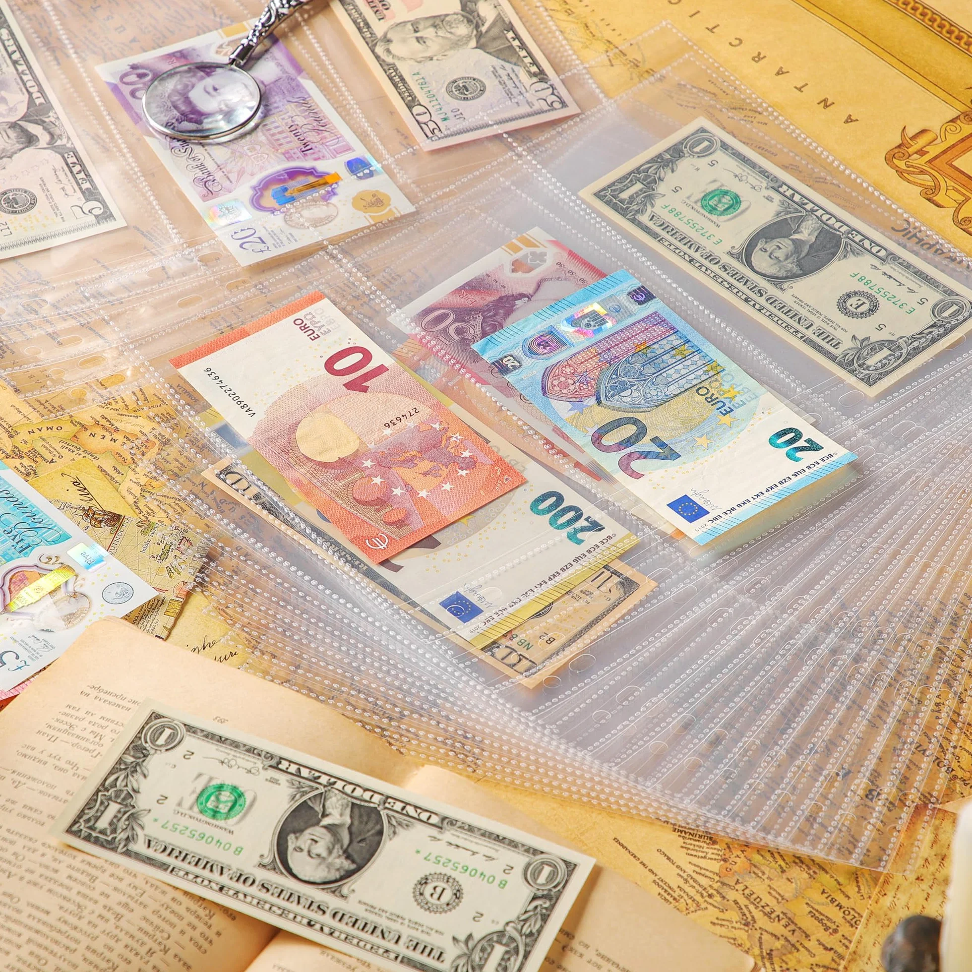 150 koszulek na strony banknotów archiwalnych – 50 arkuszy bezkwasowych etui ochronne na banknoty, znaczki pocztowe, kupony IN02050