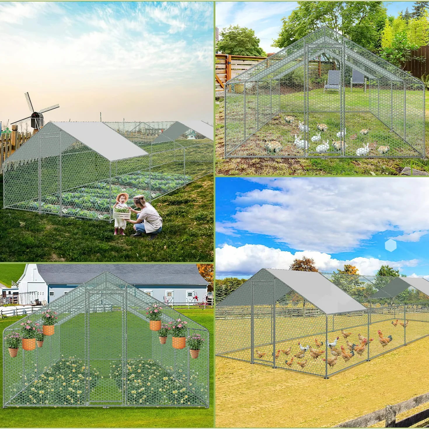 Jopassy Kurnik, 3 x 8 x 2 m, metalowy wybieg, klatka dla małych zwierząt, woliera z plandeką dachową, wybieg dla kur i małych zwierząt