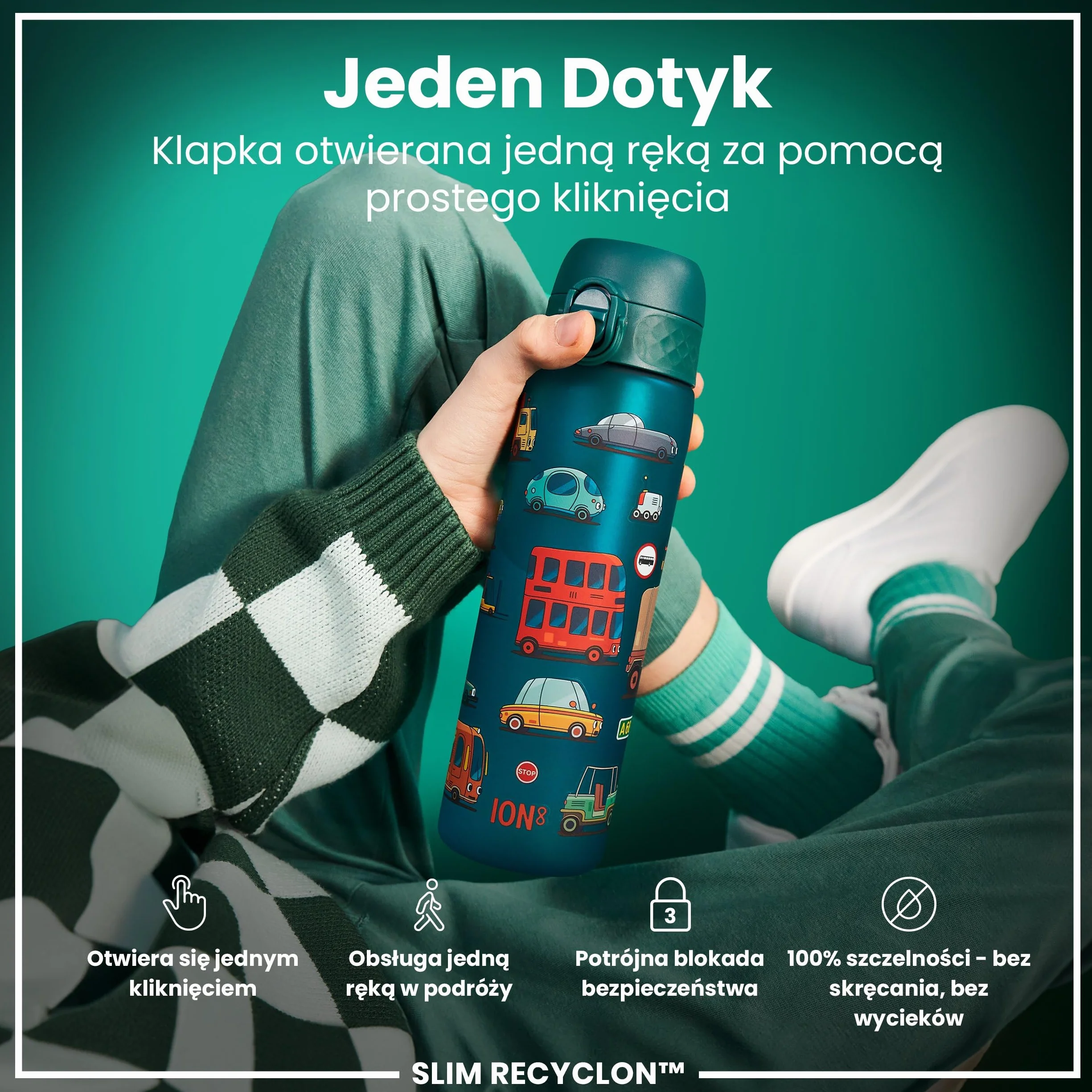 ION8 Butelka na Wodę, 500 ml/18 oz, Szczelna, Łatwe Otwieranie, Bezpieczny Zamek, Można Myć w Zmywarce, Bez BPA, Higieniczne Pokrycie, Uchwyt do Przenoszenia, Łatwa Czyszczenie, Bezwonny, Samochody