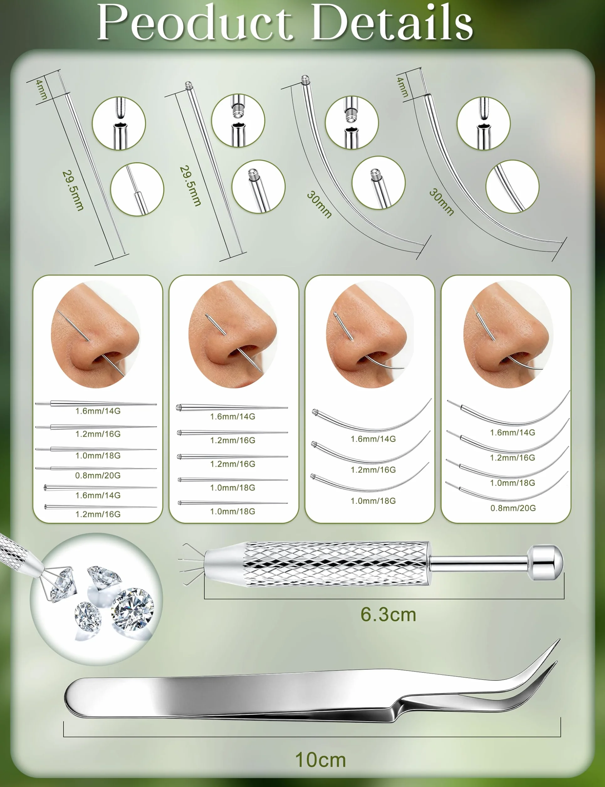 CASSIECA 20 sztuk piercingu, taper, kulka, igły, stal nierdzewna, zestaw do samodzielnego przekłuwania uszu, nosa, warg, brzucha