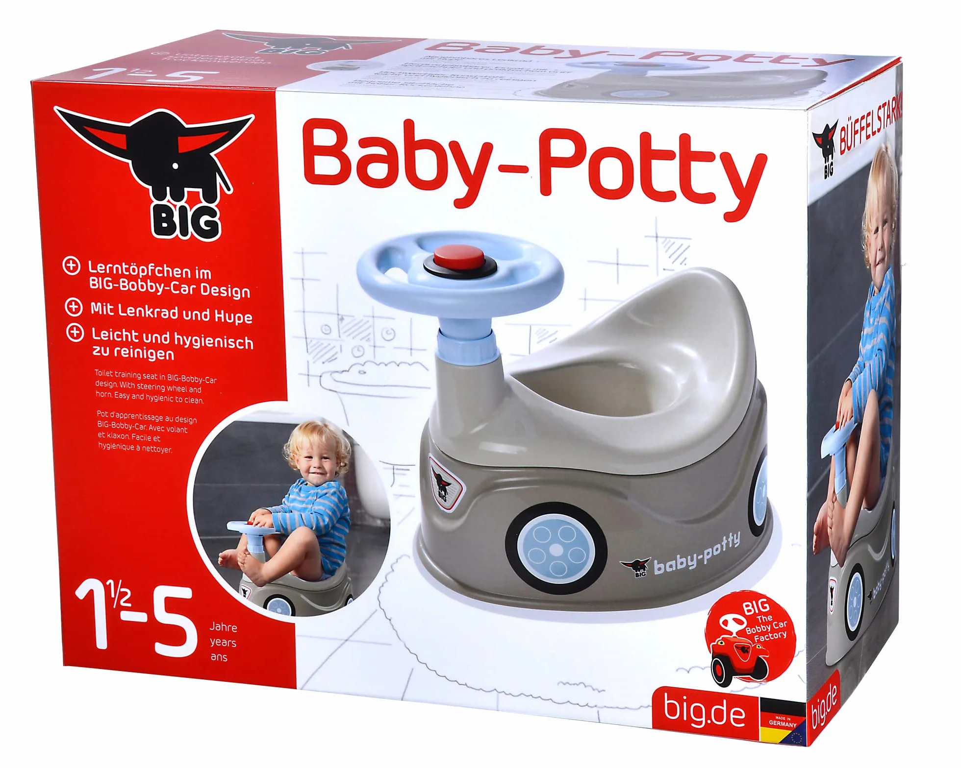 BIG-Baby-Potty szary nocnik do nauki w stylu Big Bobby-Car ze zdejmowaną kierownicą i wysokim oparciem, wyjmowana wkładka, dla dzieci od 18 miesięcy