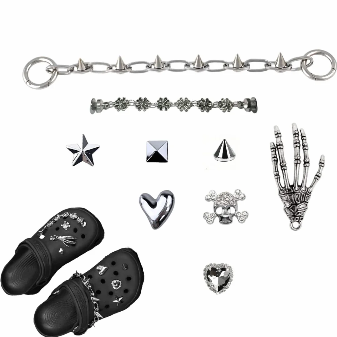Zawieszki do chodaków, błyszczące buty, gotyckie zawieszka, Y2k, sztuczny diament, dekoracja z łańcuszkami, kolce, akcesoria dla mężczyzn, kobiet