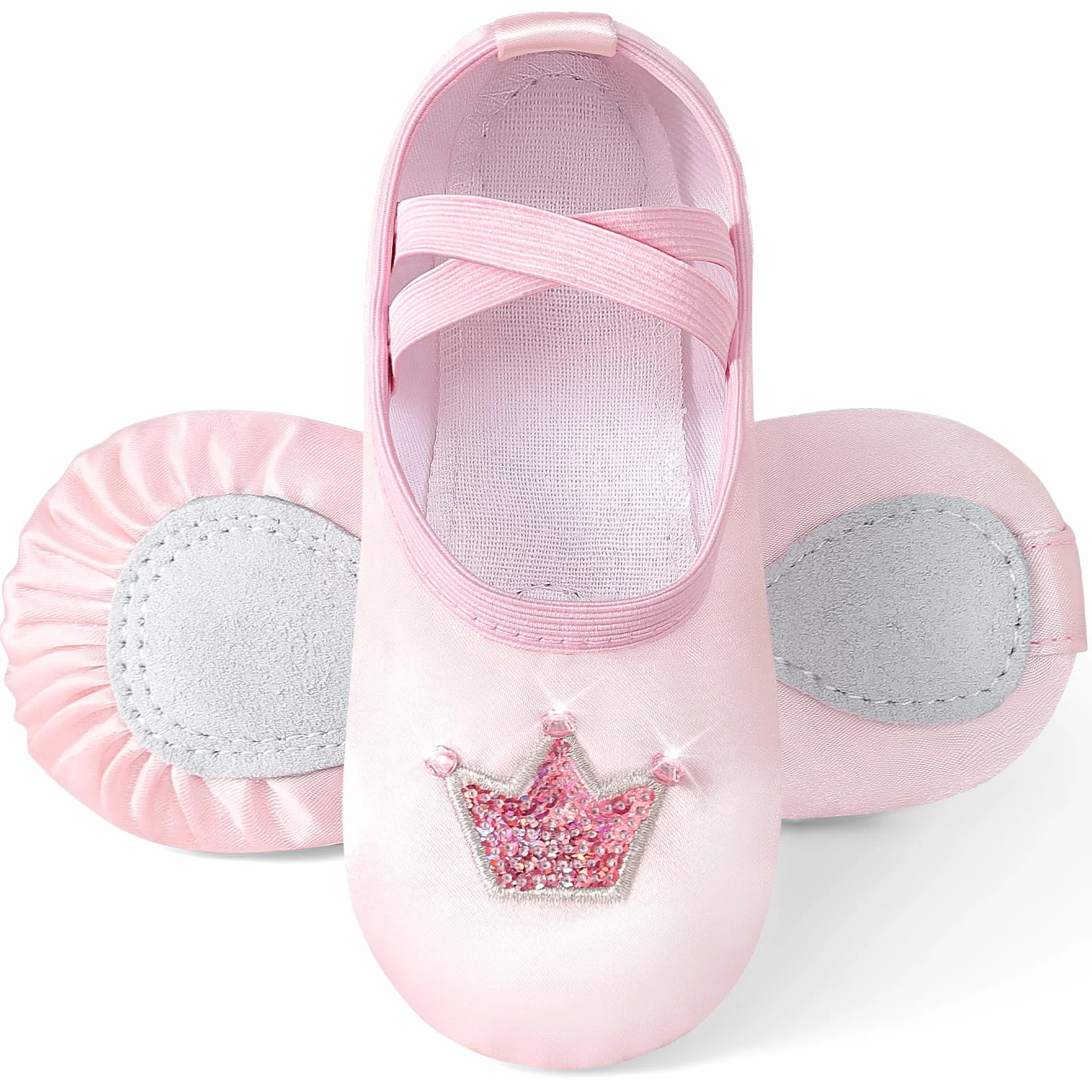 Buty baletowe dla dziewcząt, satynowe klapki baletowe z błyszczącą koroną, dzielona podeszwa, buty do tańca, buty baletowe dla dzieci, bez krawata, baleriny