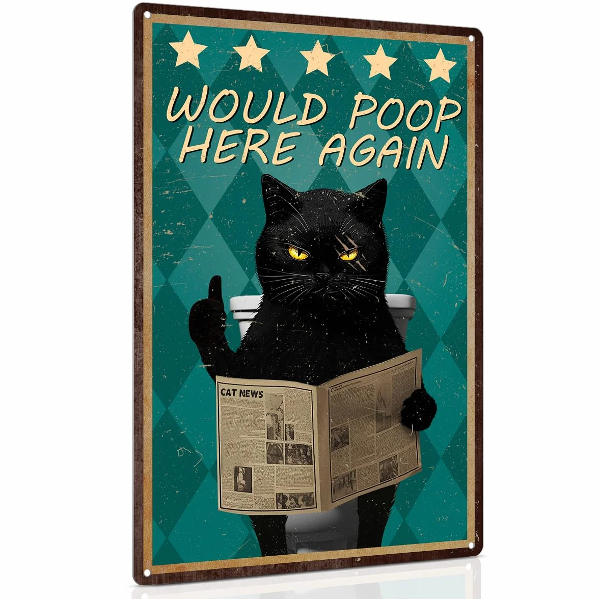 Piemow Zabawny czarny kot metalowy znak dekoracja ścienna 'Would Poop Here Again' vintage artystyczne plakaty prezent dla miłośników kotów łazienka toaleta dekoracja 20 x 30 cm