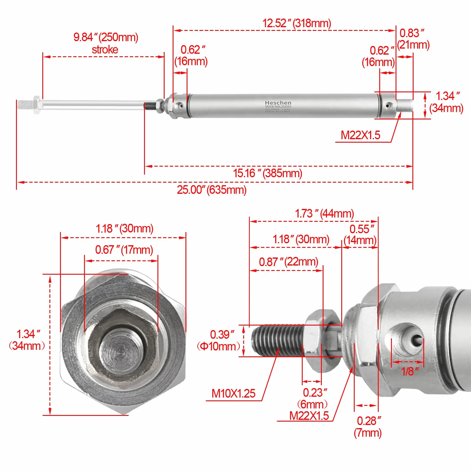 Heschen Pneumatyczny smukły cylinder powietrza, MAL 25-250, port PT1/8 cala, otwór 25 mm, skok 250 mm, podwójne działanie