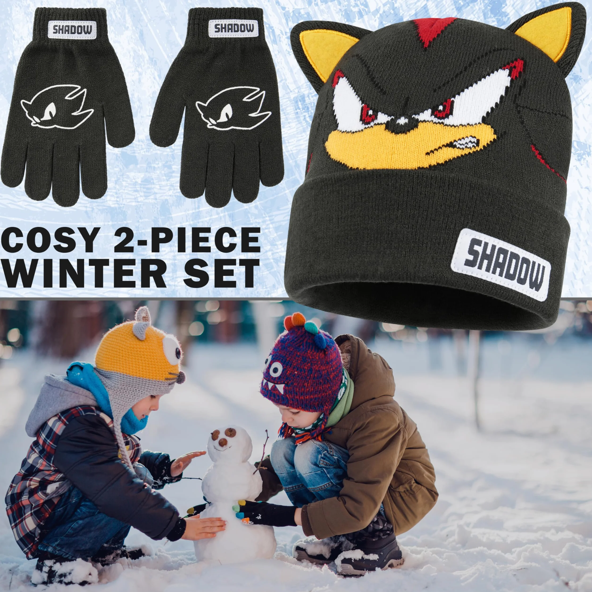 SONIC THE HEDGEHOG Czapka beanie i zimowe rękawiczki zestaw dla chłopców w wieku 4-12 lat, ciepłe, przytulne dzianinowe akcesoria zimowe, prezenty dla chłopców