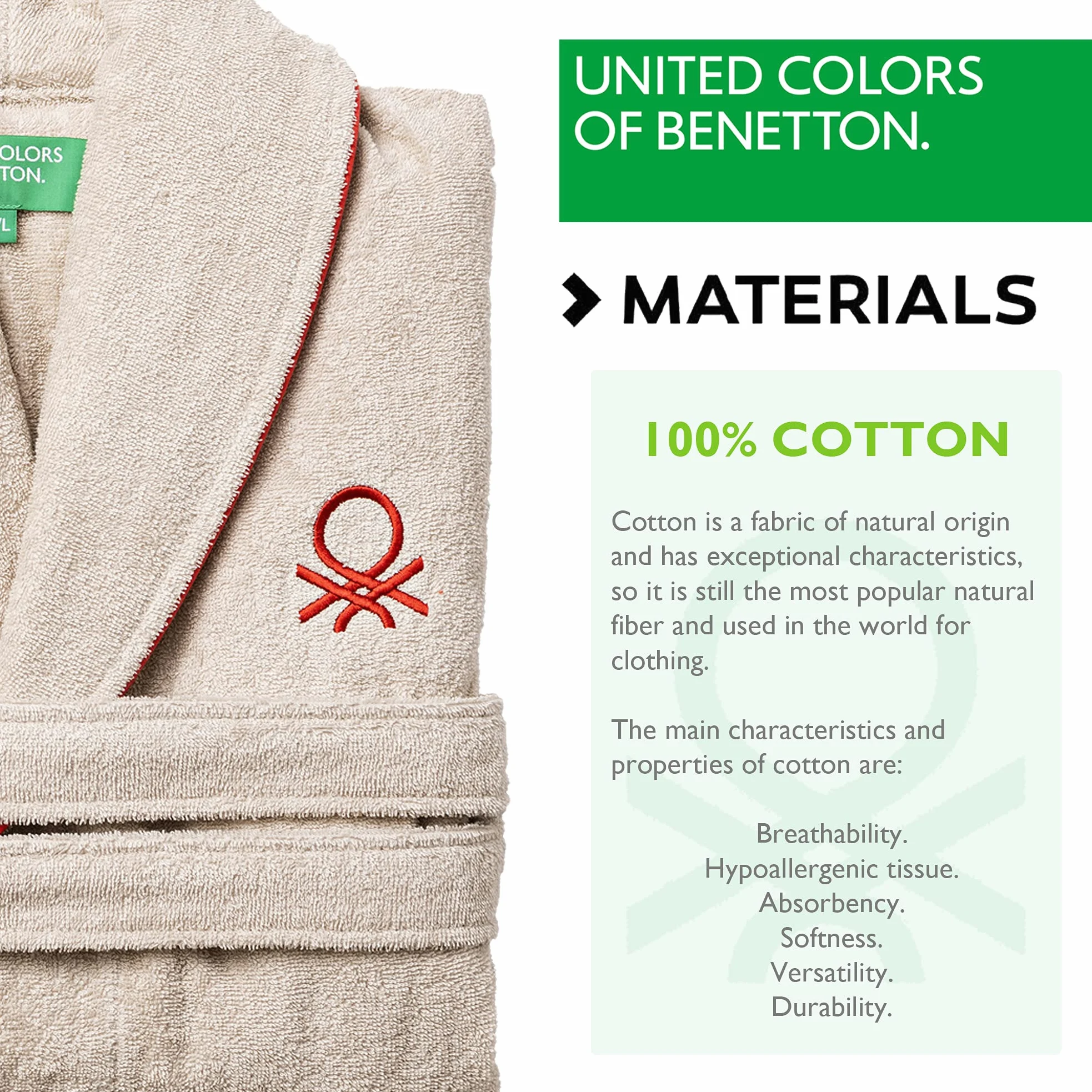 UNITED COLORS OF BENETTON. Szlafrok unisex męski lub damski 360gsm 100% bawełna, kremowy, Kremowy, L-XL